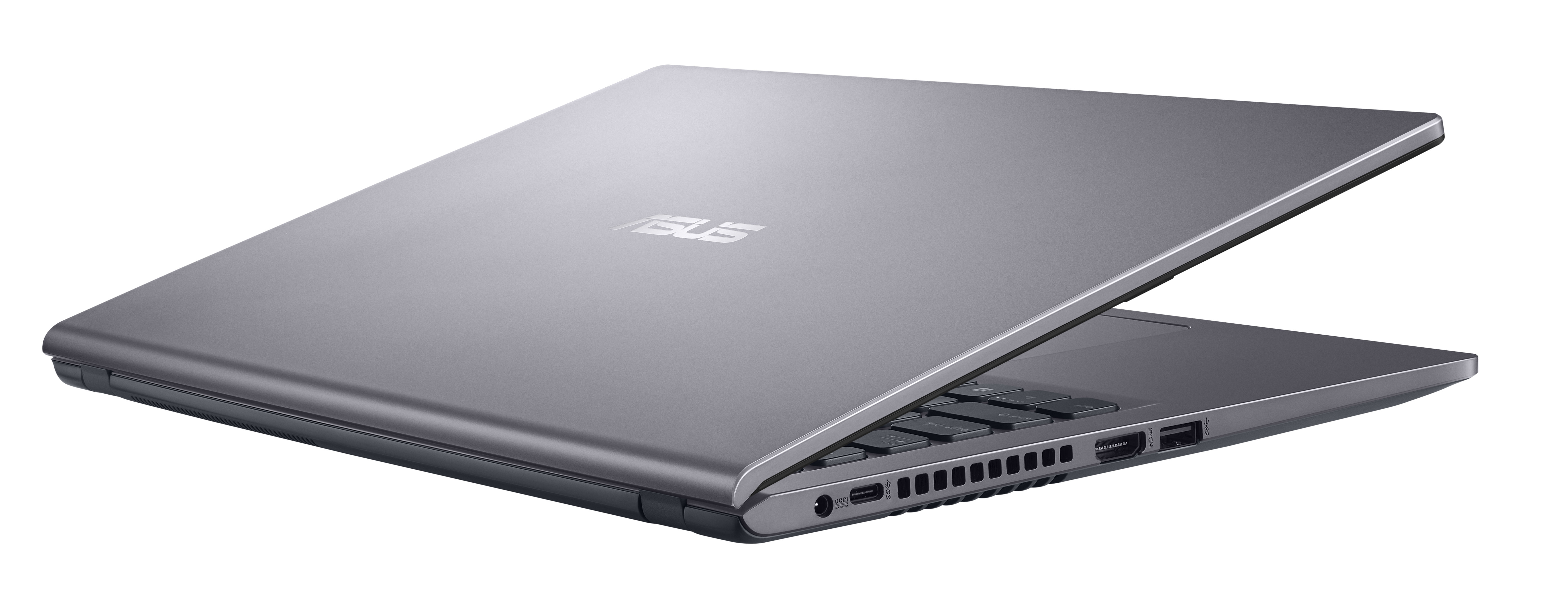 Un laptop grigio con il coperchio parzialmente aperto, che mostra tastiera e porte, isolato su bianco.