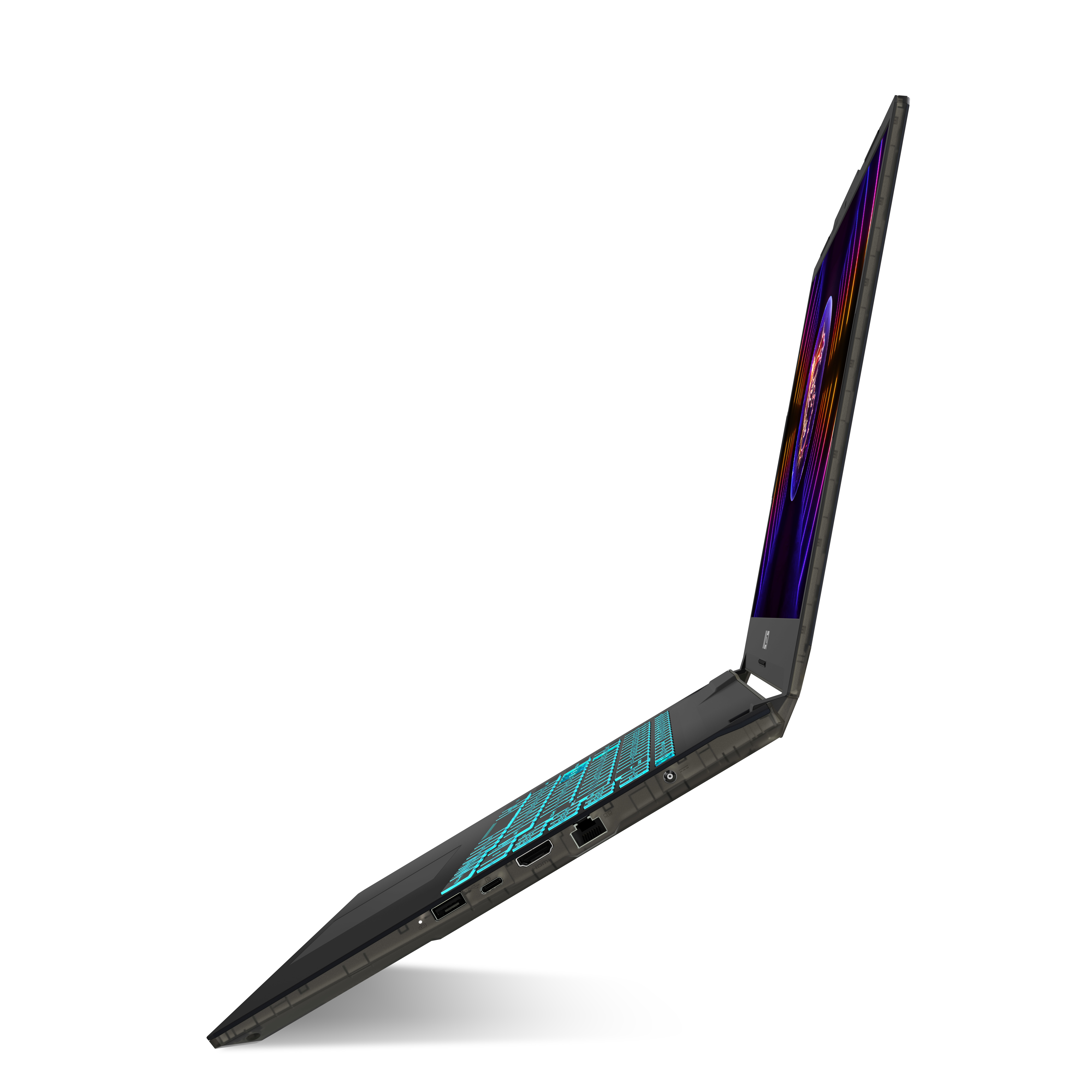 Czarny laptop z niebieską klawiaturą, profil boczny, ekran wyświetlający kolorową grafikę.