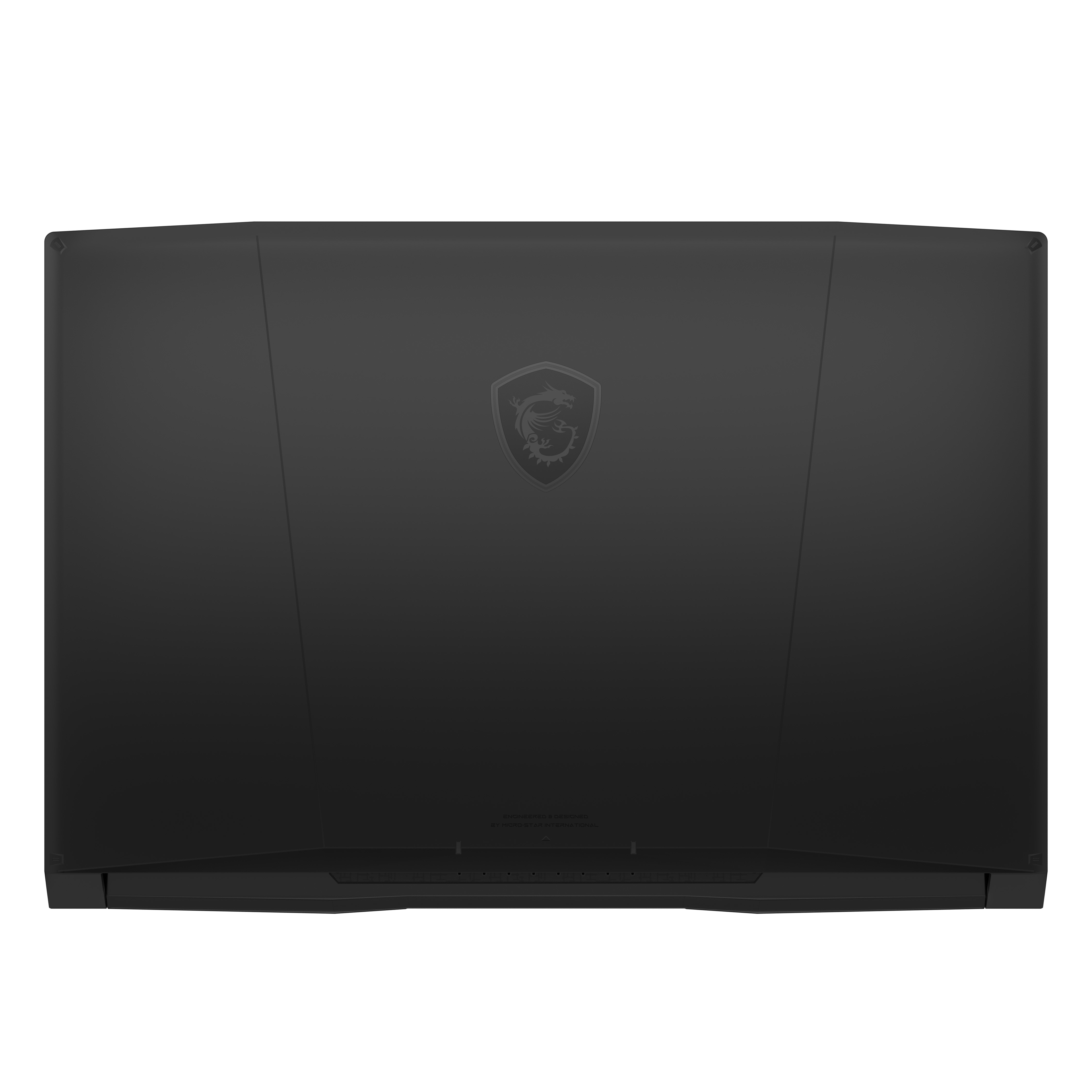 Czarny tył laptopa z logo MSI, na białym tle.