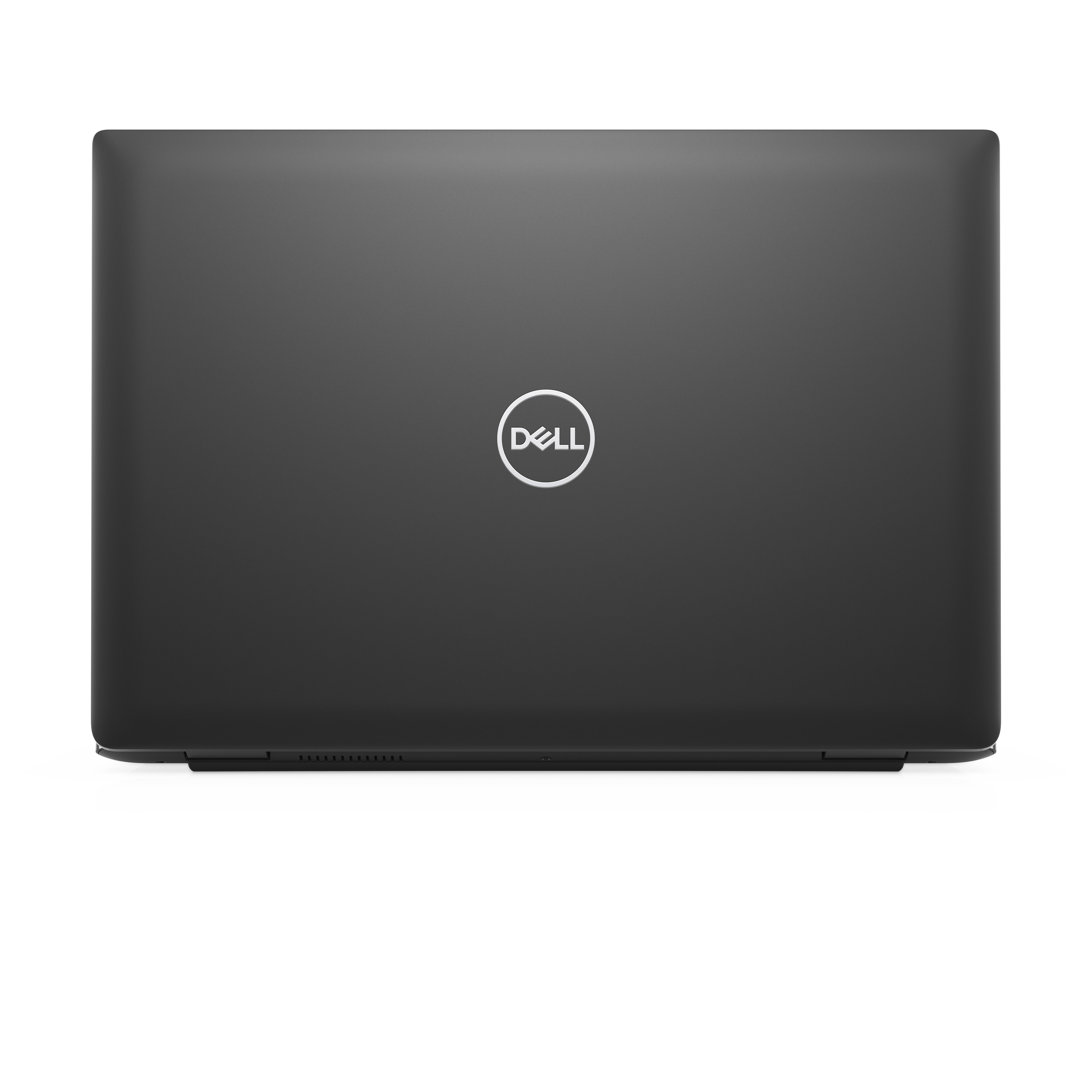 Laptop nero, vista posteriore, con logo Dell.