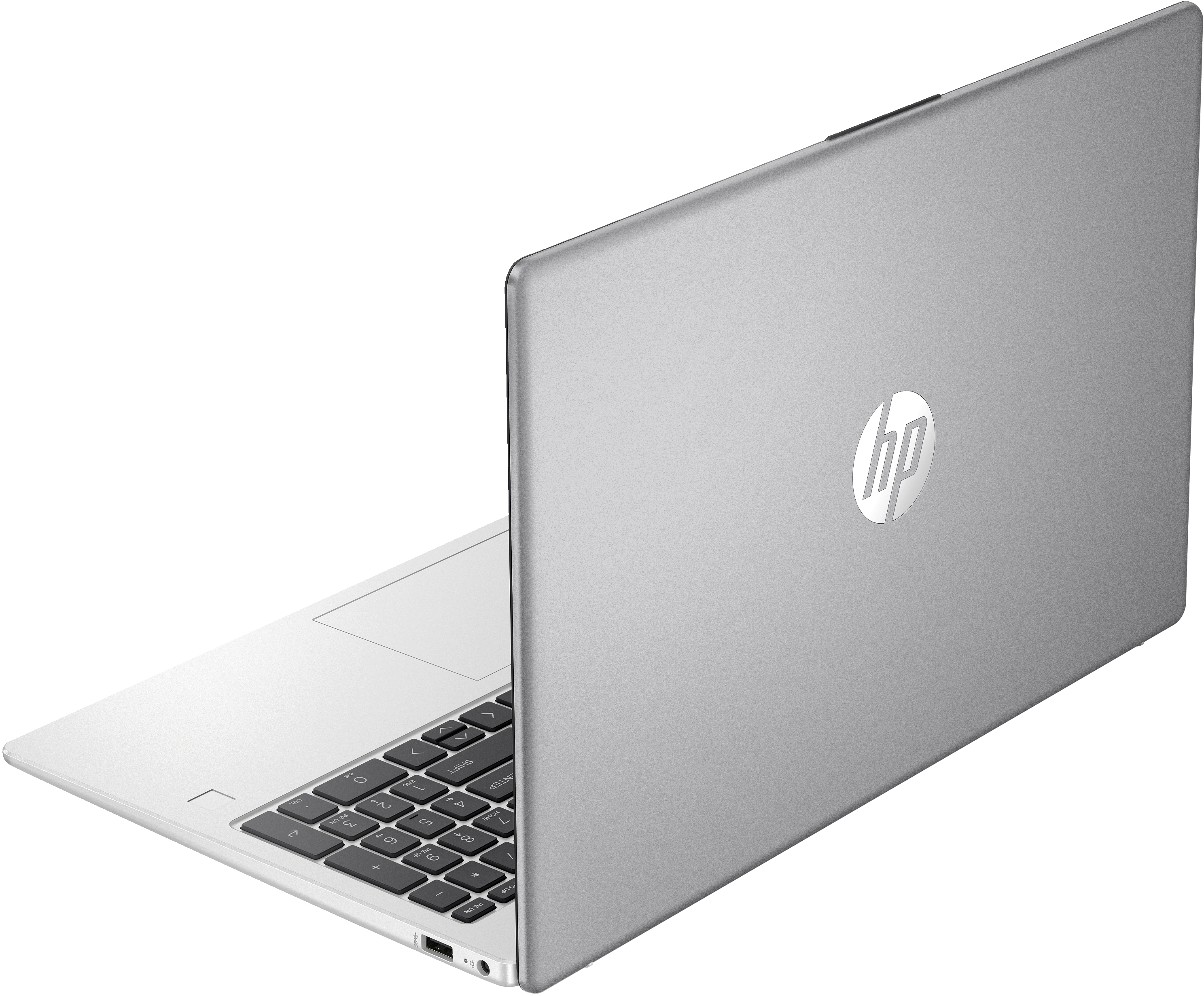 Portátil HP plateado, abierto, vista en ángulo. Logo HP en la parte trasera. Teclado visible. Fondo blanco.