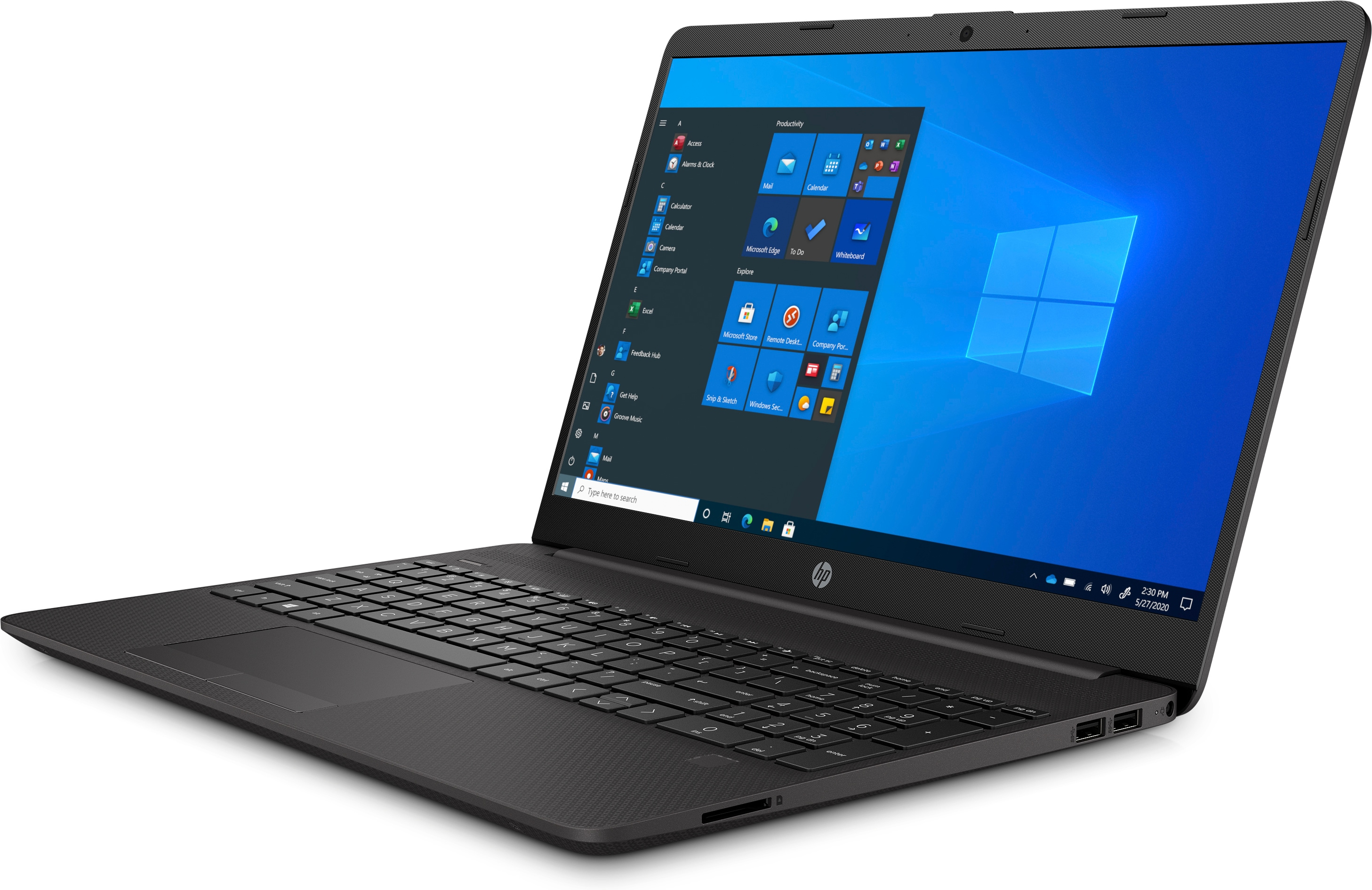 Laptop aperto, che mostra il desktop di Windows. Superficie e tastiera nere, strutturate. Lo sfondo è bianco.