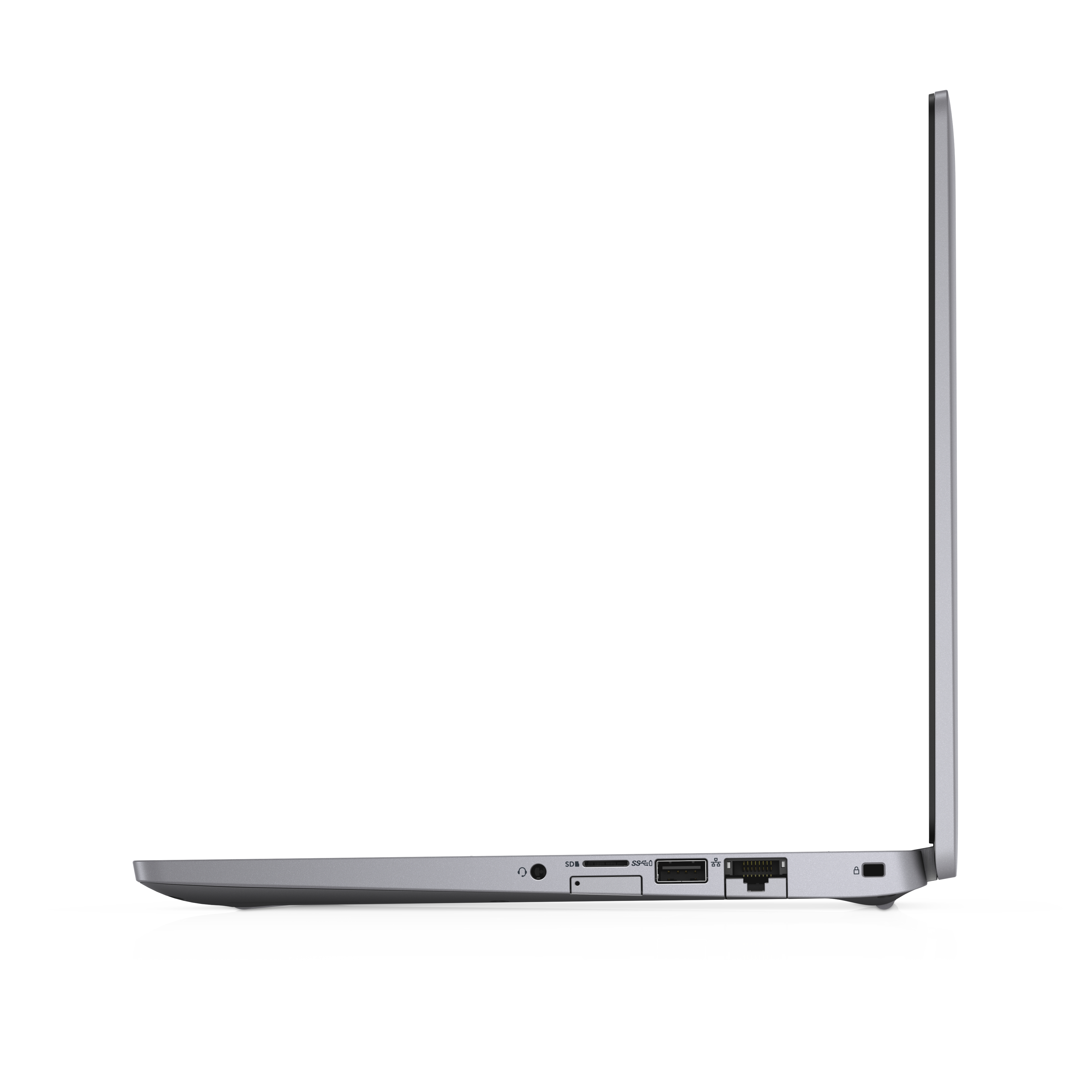 Laptop side view, showing ports and sides.