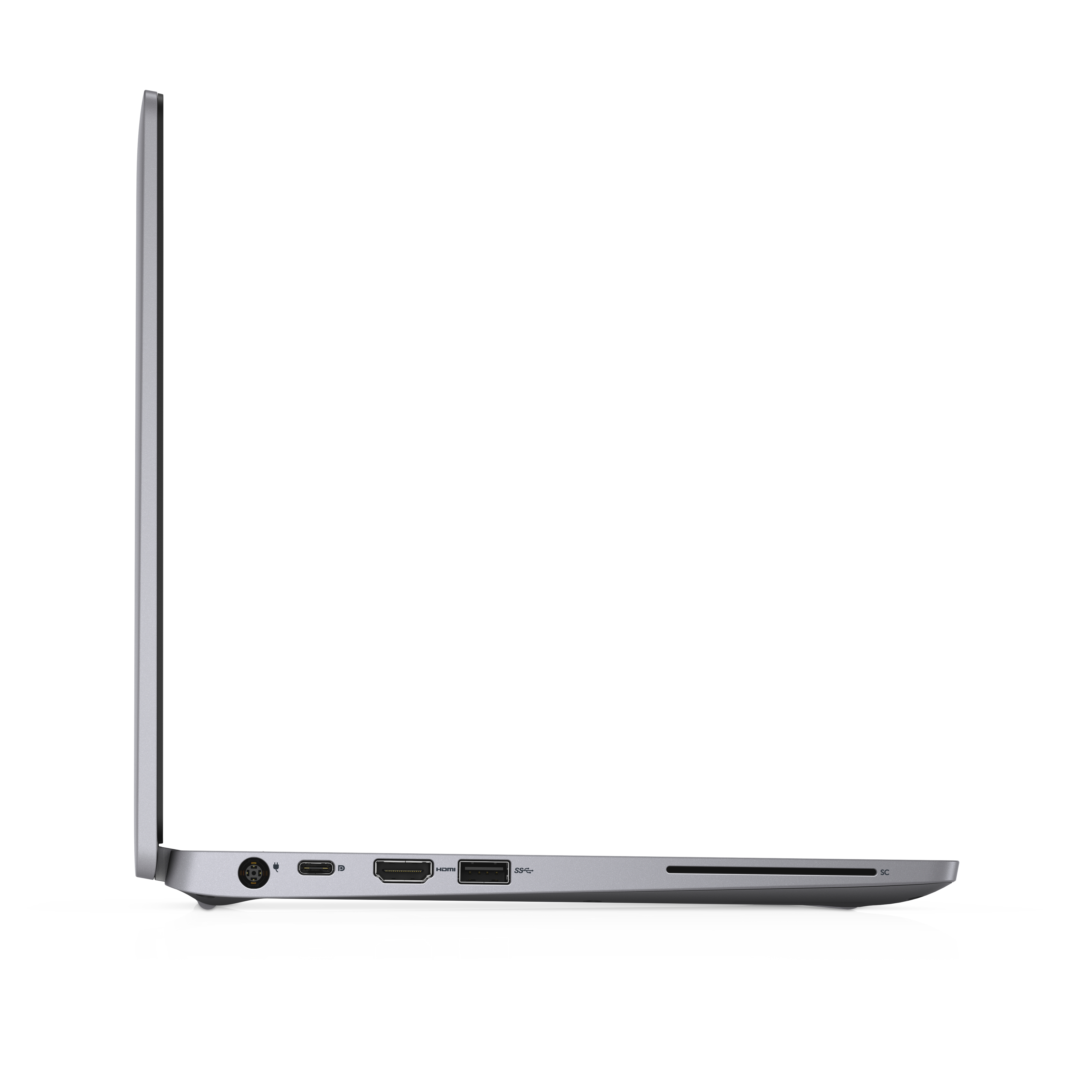 Side view of a gray laptop. Shows ports on the side; silver, sleek design, and closed.