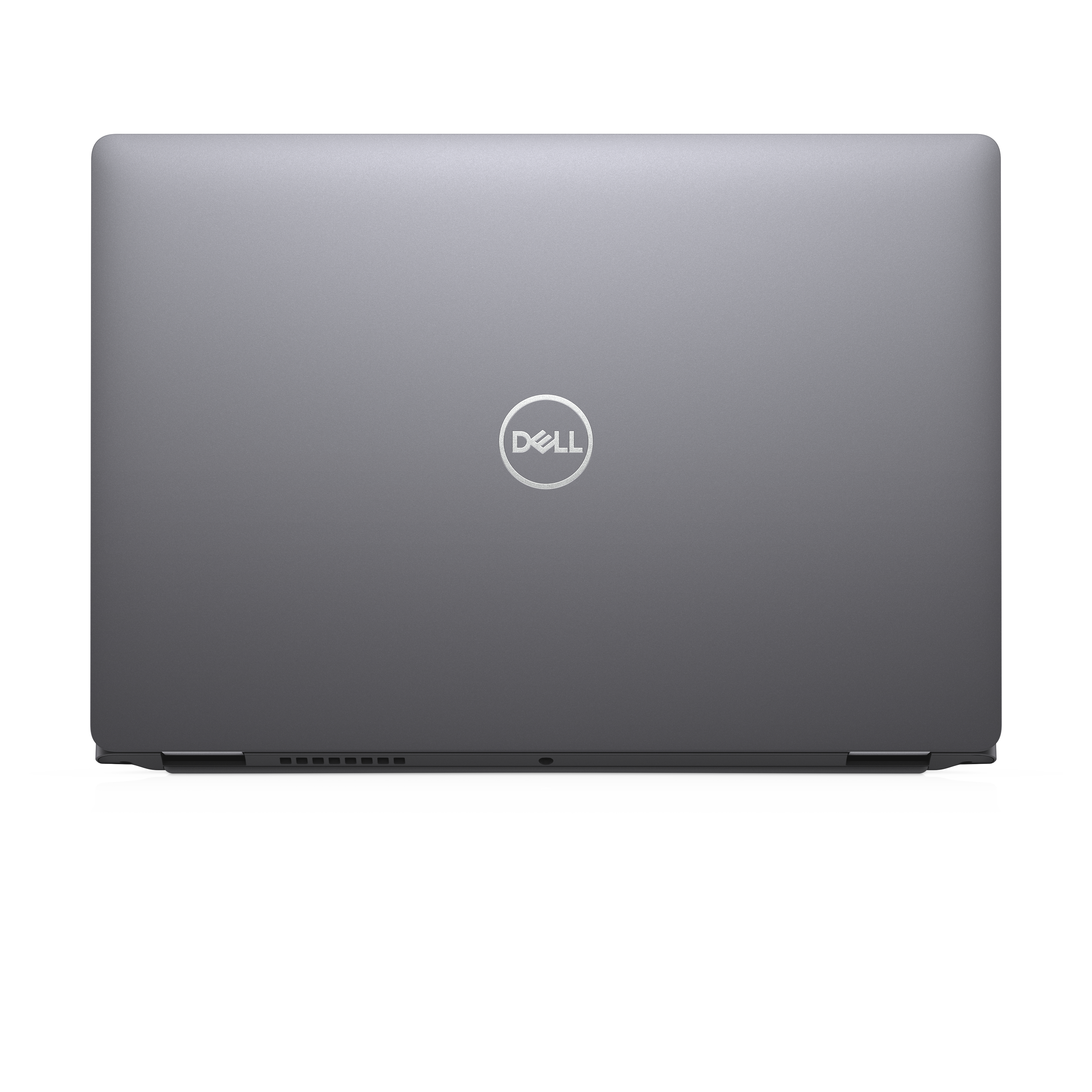 Back of a dark grey laptop. Dell logo is prominently displayed.