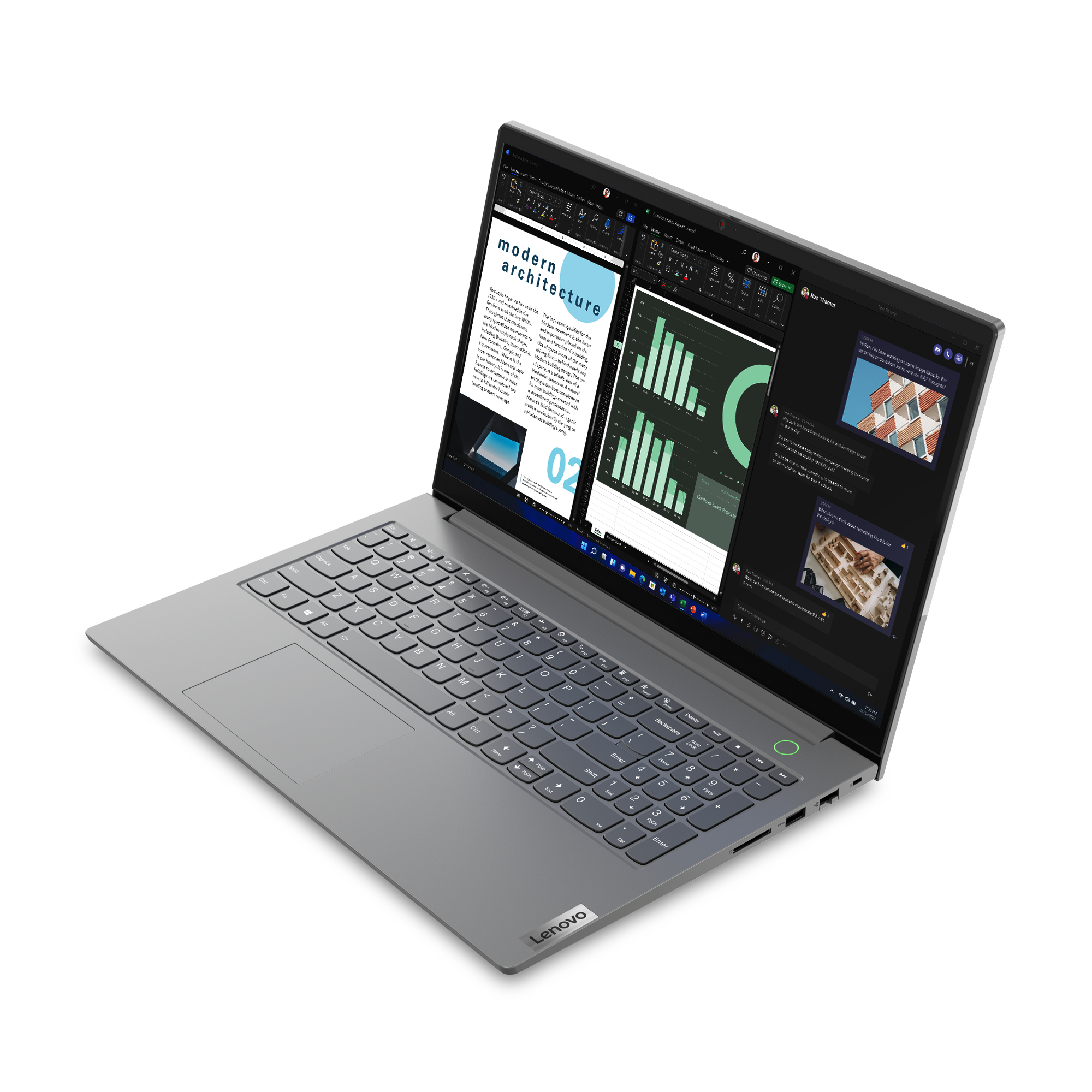 Laptop con schermo che mostra un documento e grafici. Il laptop è grigio.