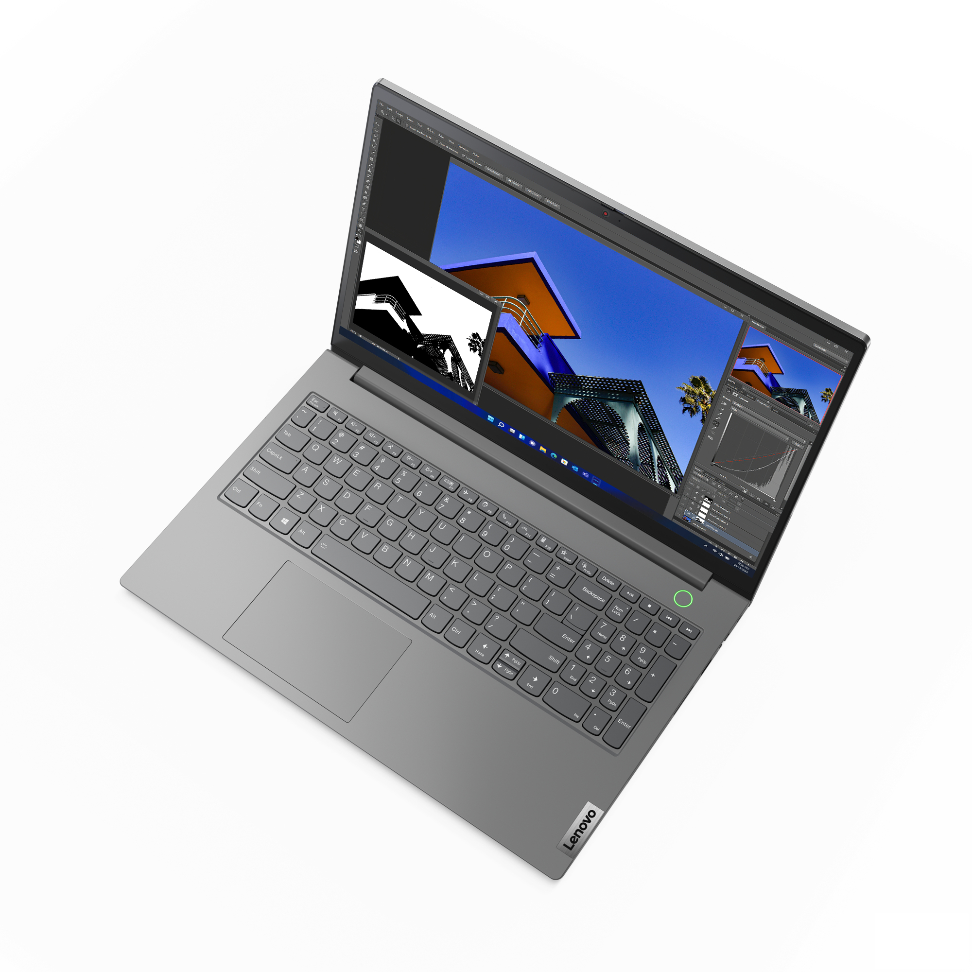 Un laptop Lenovo grigio è aperto, visualizzando un'interfaccia software. Lo schermo mostra due finestre.
