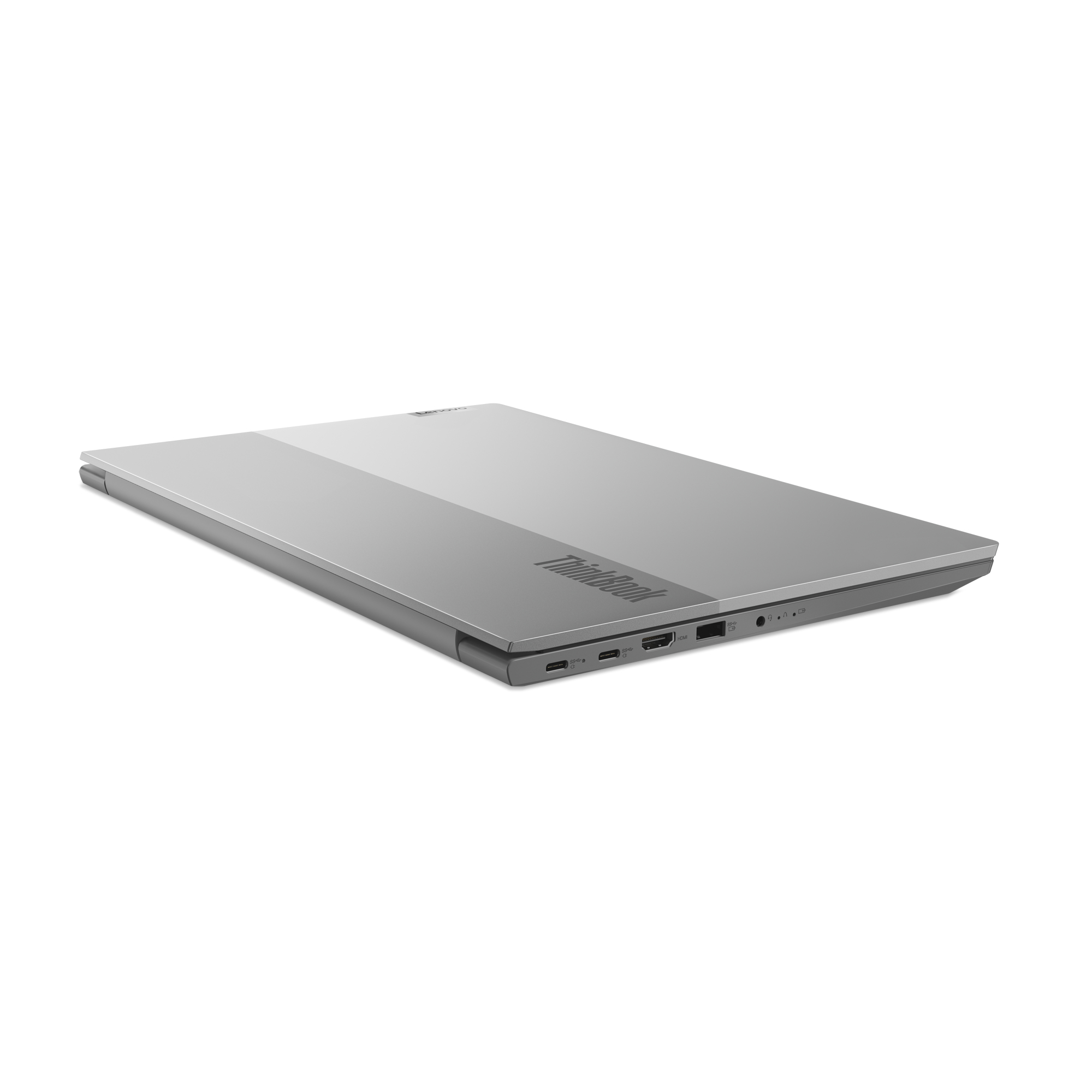 Laptop ThinkBook argento, chiuso, piatto su superficie bianca. Porte visibili.