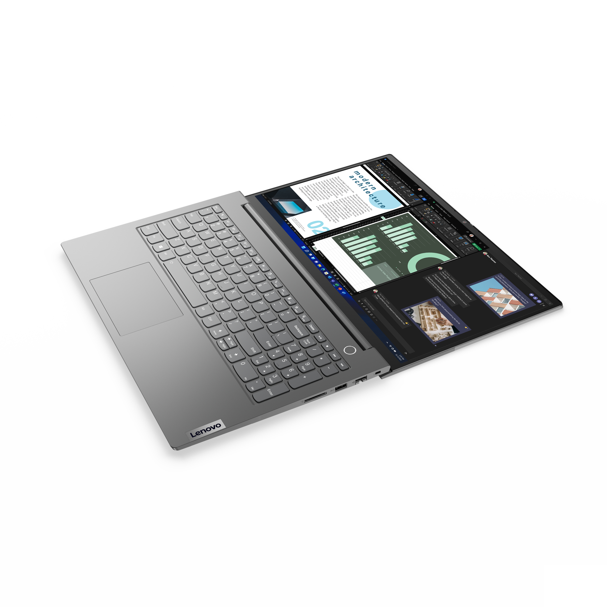 Laptop, aperto, mostra uno schermo con grafici e diagrammi. Sfondo bianco.