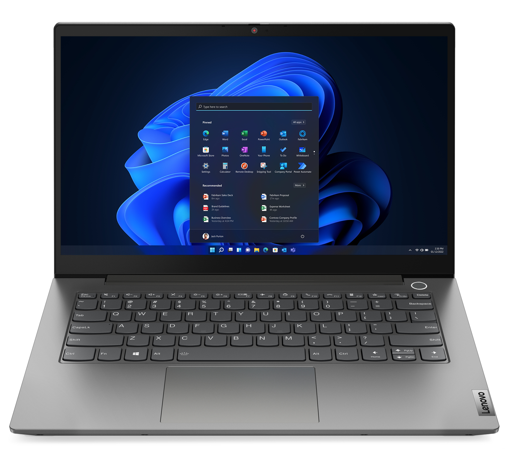 Laptop mit Windows 11-Oberfläche. Graues Gehäuse, schwarze Tastatur, auf weißem Hintergrund.