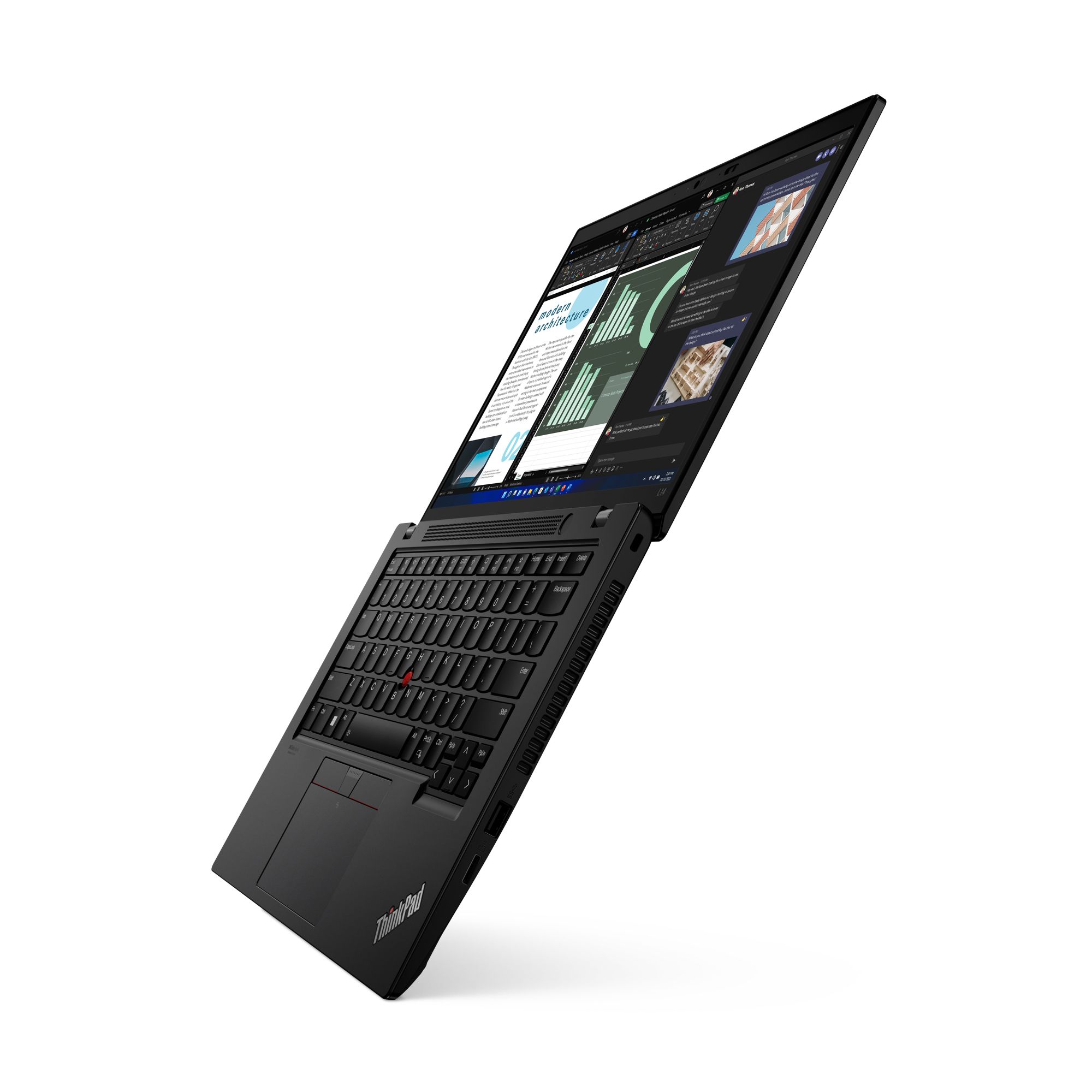 Schwarzer ThinkPad Laptop offen auf Weiß. Bildschirm zeigt ein Dokument. Tastatur und Touchpad sichtbar.