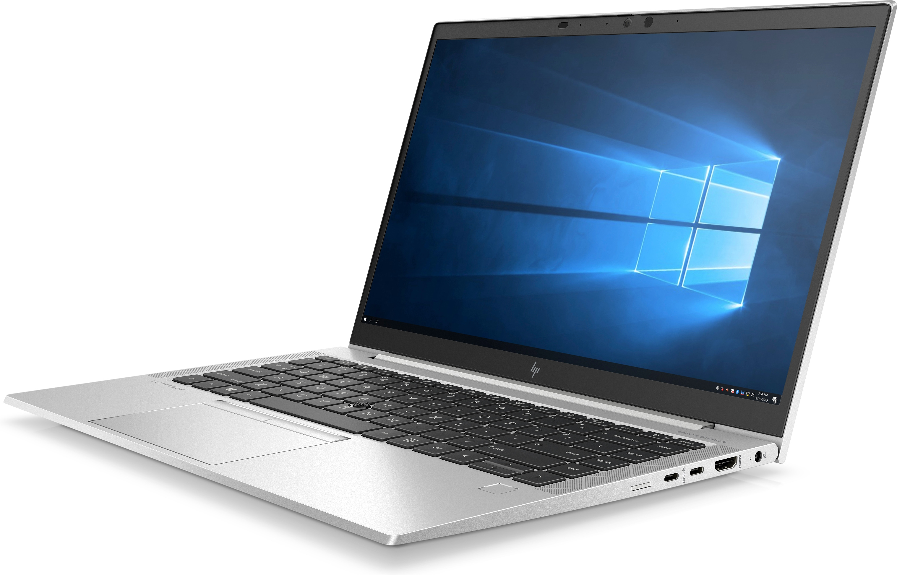 Zilveren laptop met Windows-logo op scherm, op witte achtergrond.