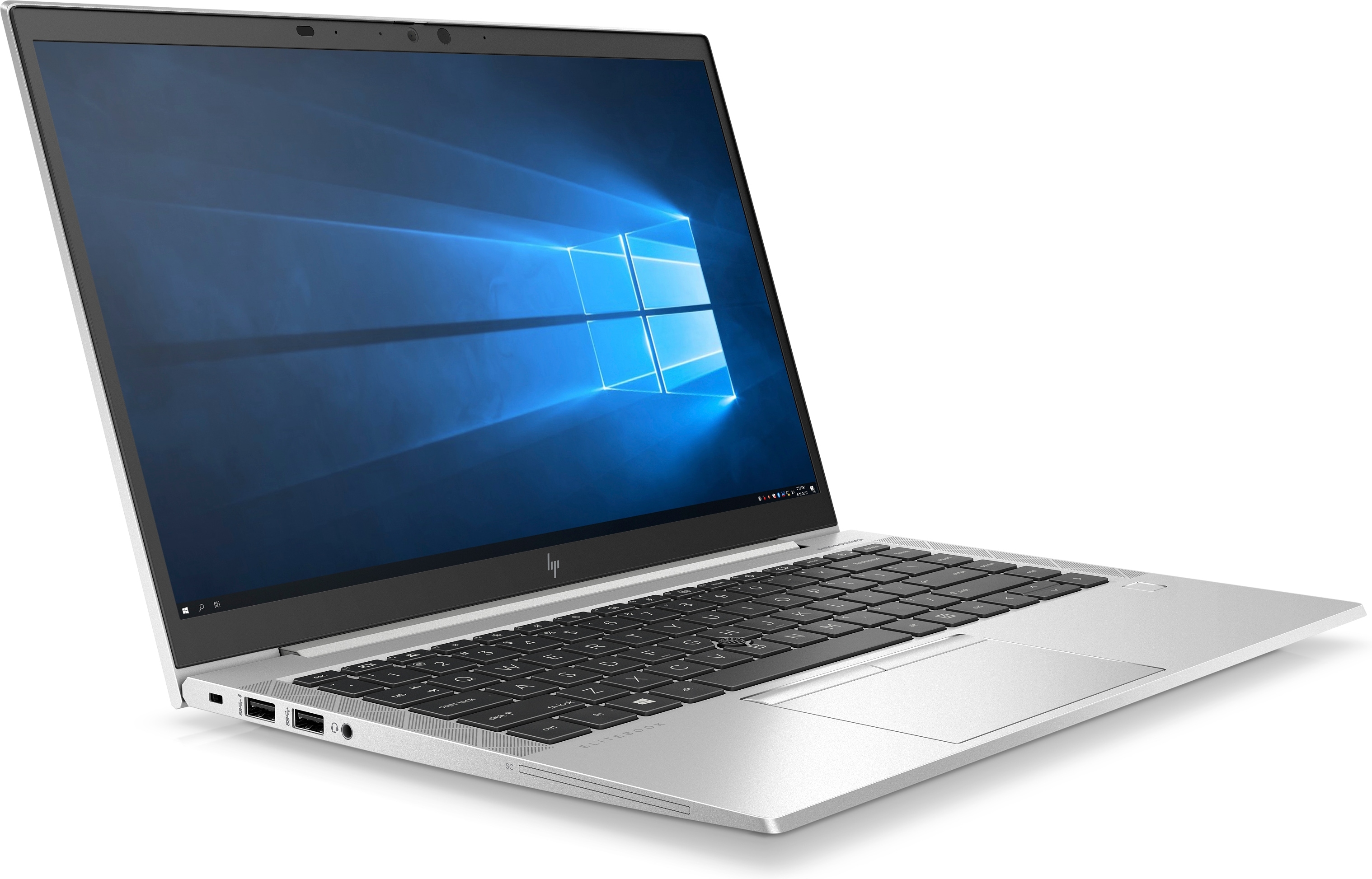 Zilveren HP laptop, open, met Windows interface. Toetsenbord is zichtbaar.