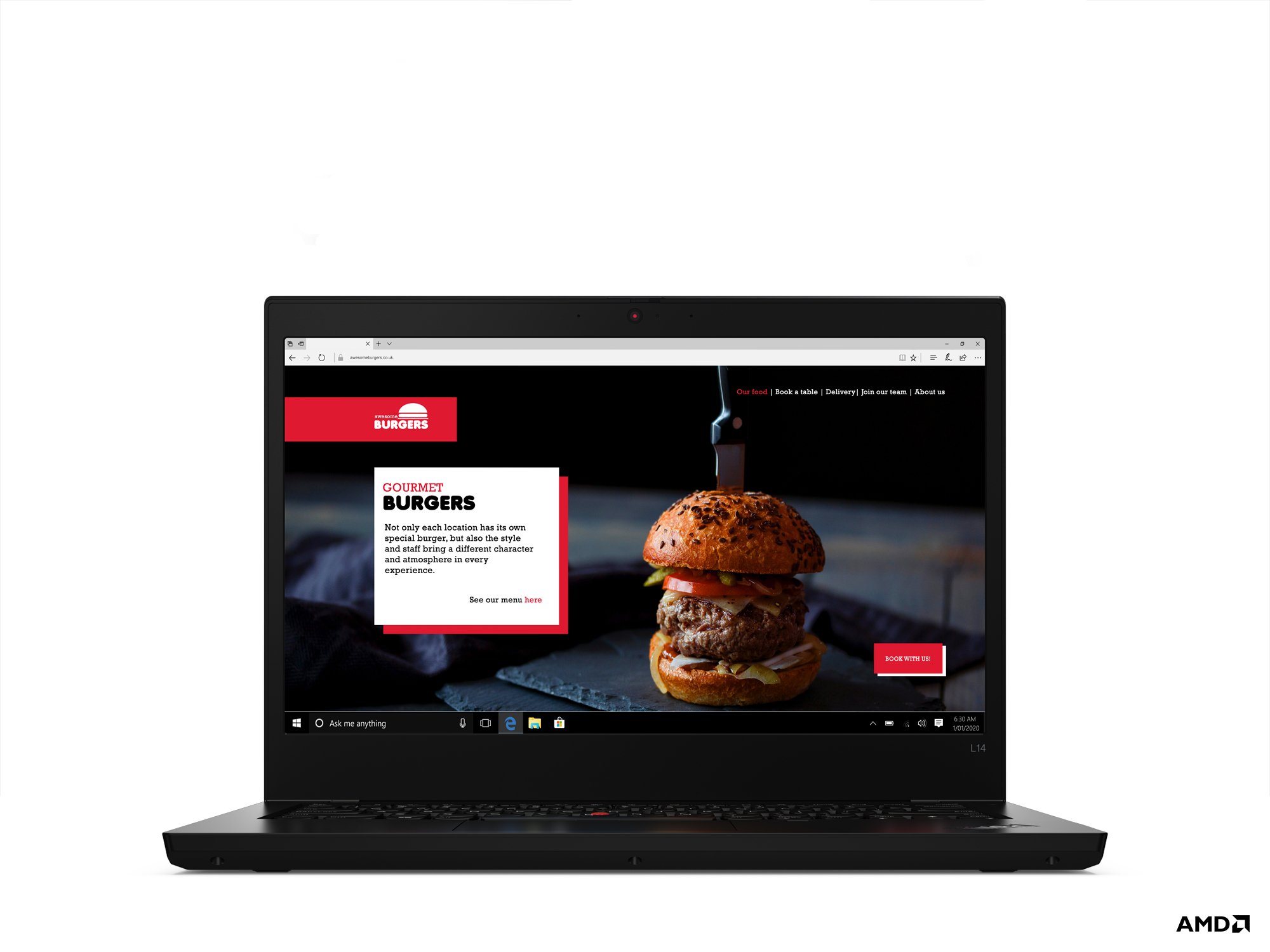 Schwarzer Laptop offen, zeigt Webseite mit Burger und Text auf dem Bildschirm.
