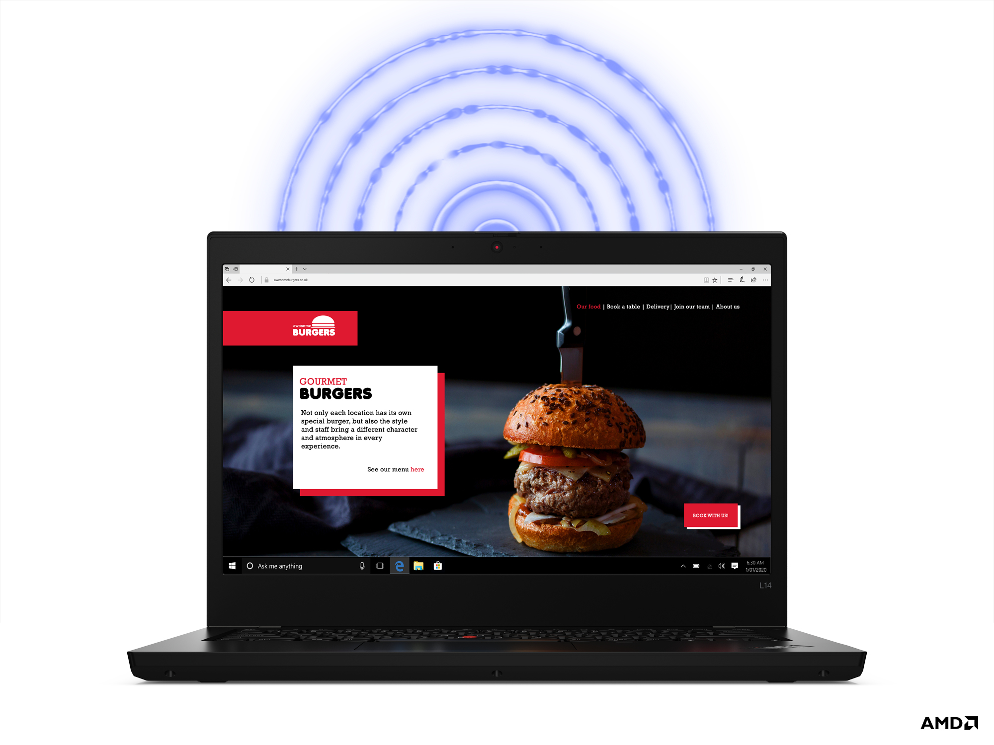 Laptop, geöffnet, zeigt eine Website über Burger. Der Laptop ist schwarz, mit weißem Hintergrund.