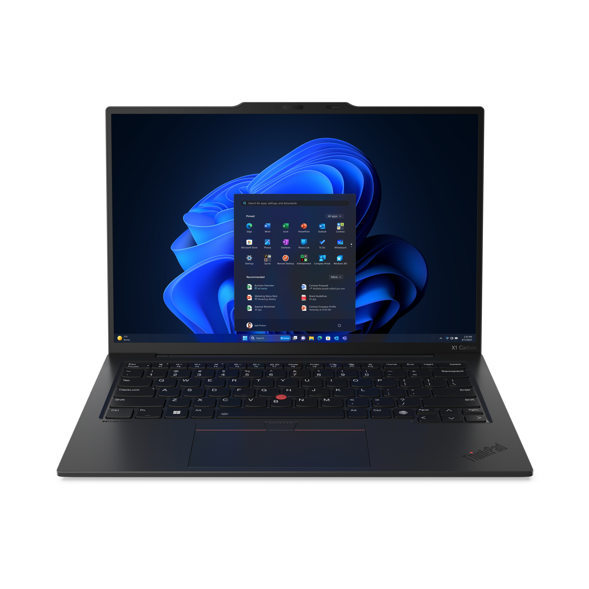 Laptop nero aperto su una superficie bianca. Lo schermo mostra un design astratto blu e viola. Tastiera e touchpad neri.