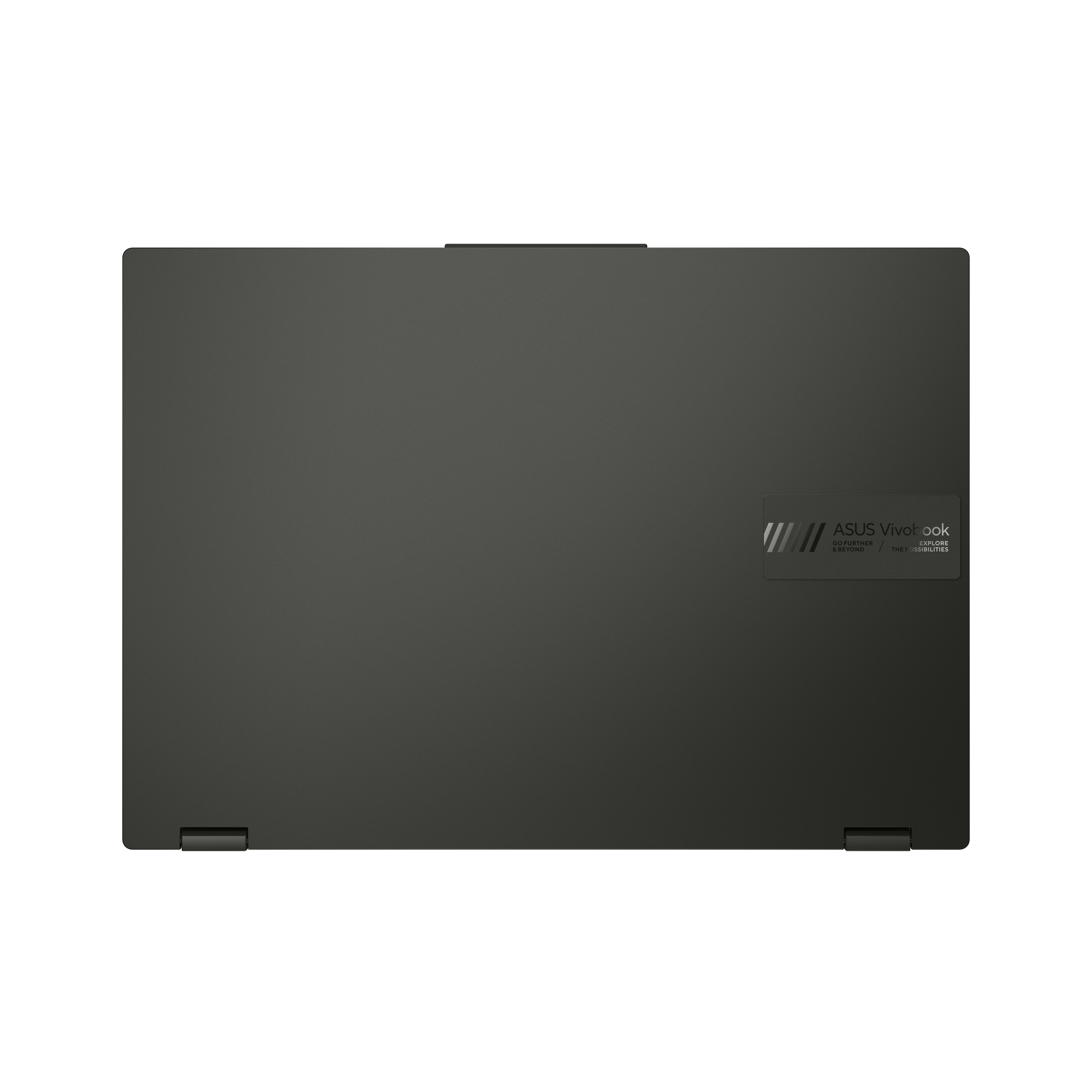 Ein schwarzer Laptop, Draufsicht, mit dem ASUS Vivobook-Logo und einem schlanken, geschlossenen Design.