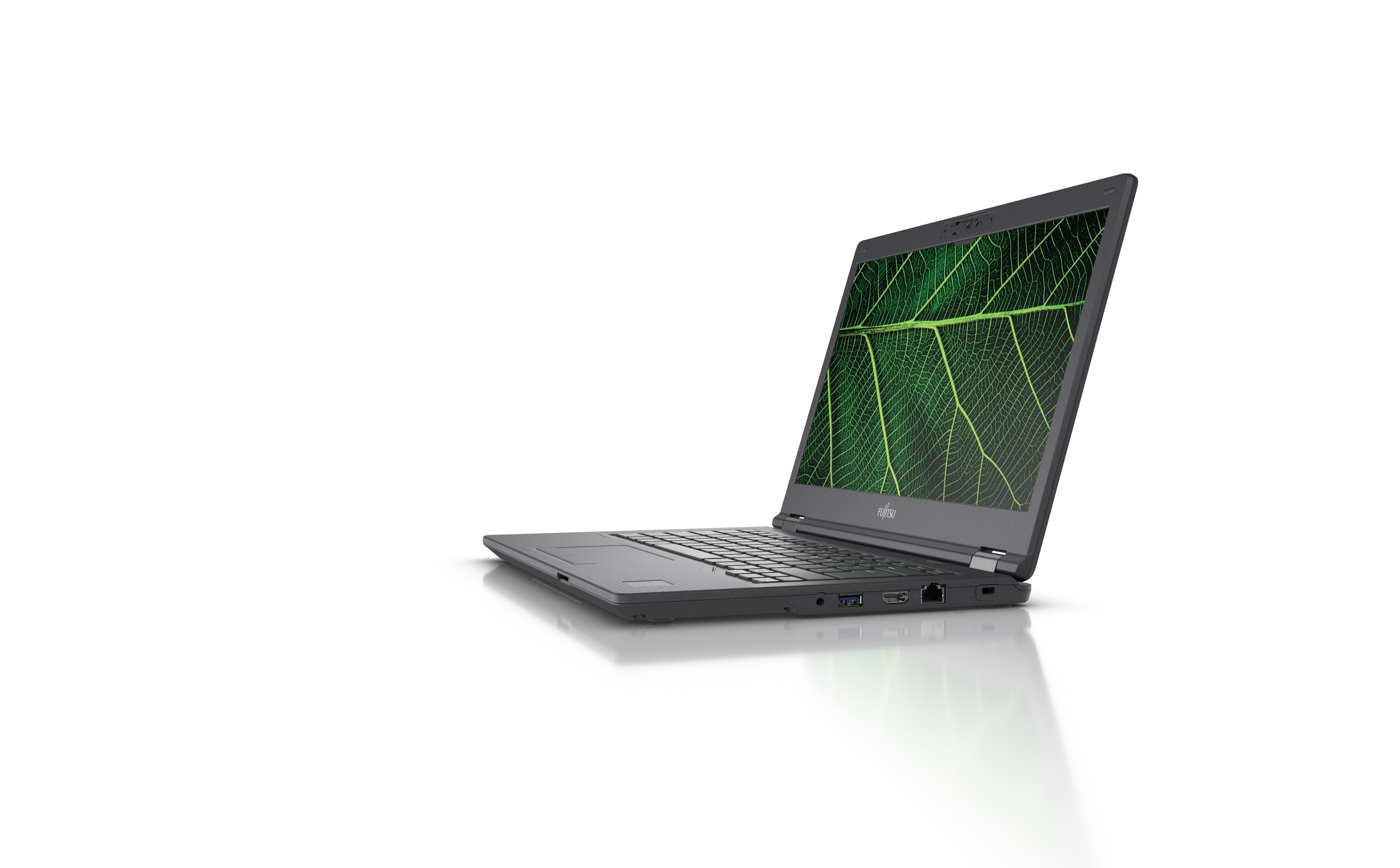 Een zwarte laptop met een groene bladafbeelding op het scherm, op een witte achtergrond.