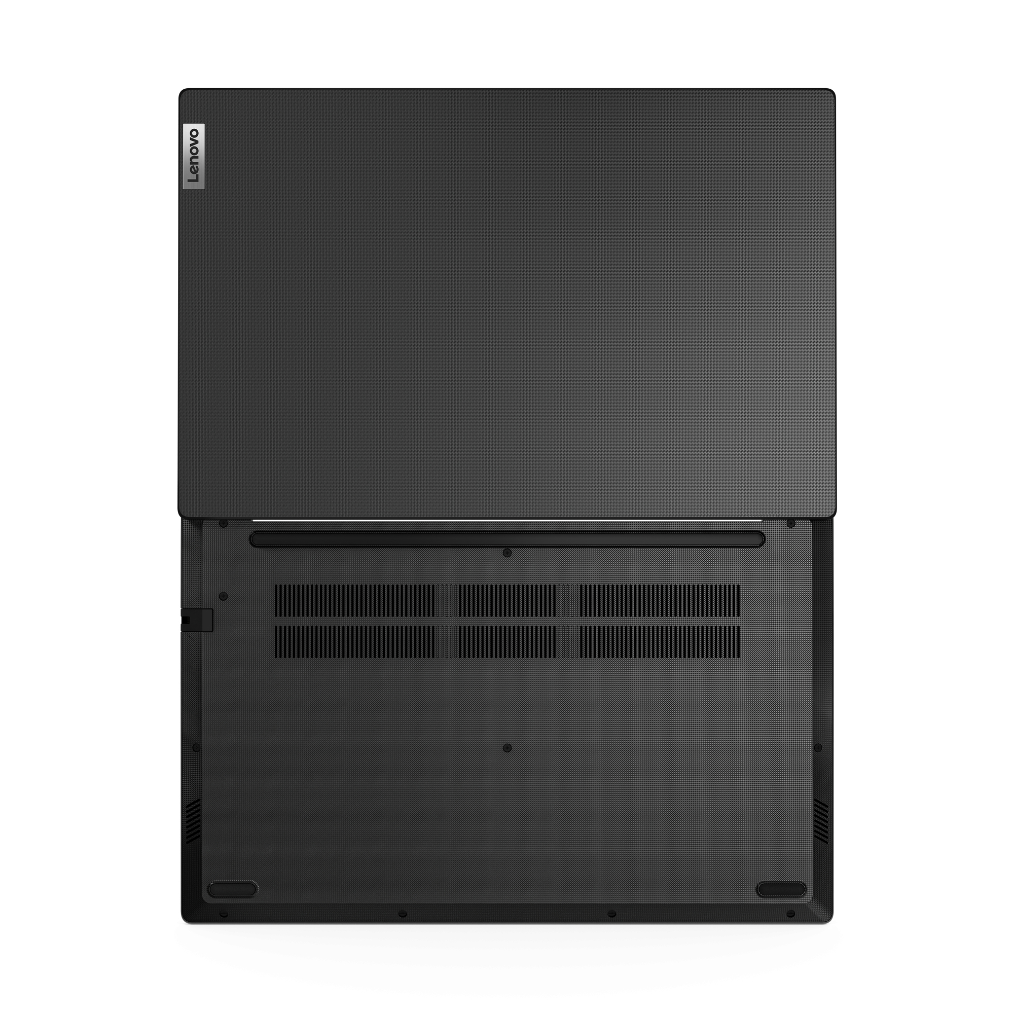 Laptop nero, vista dall'alto. Lo schermo è chiuso. Lo sfondo è nero.
