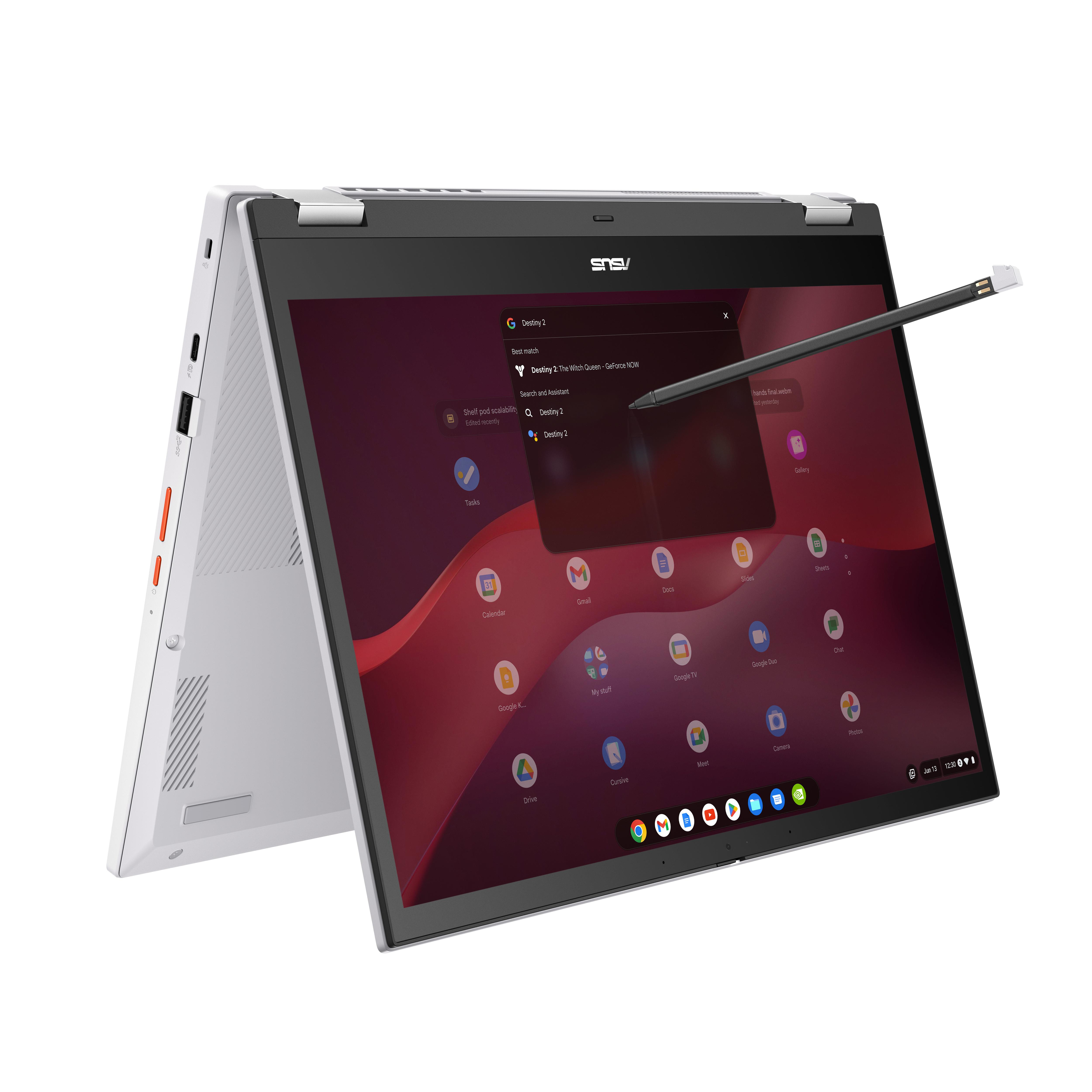 Weißer und grauer Laptop mit einem Bildschirm, der ein Suchmenü und einen Stift anzeigt.