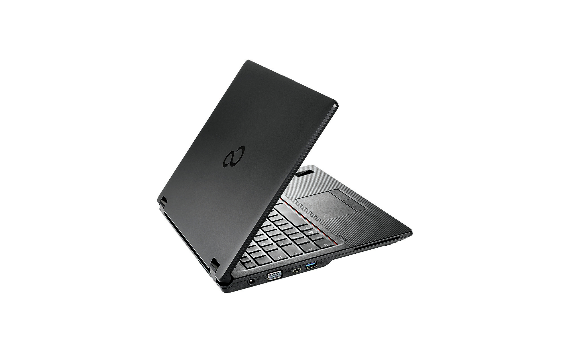Zwarte laptop schuin open, toetsenbord zichtbaar. Witte achtergrond. Fujitsu.
