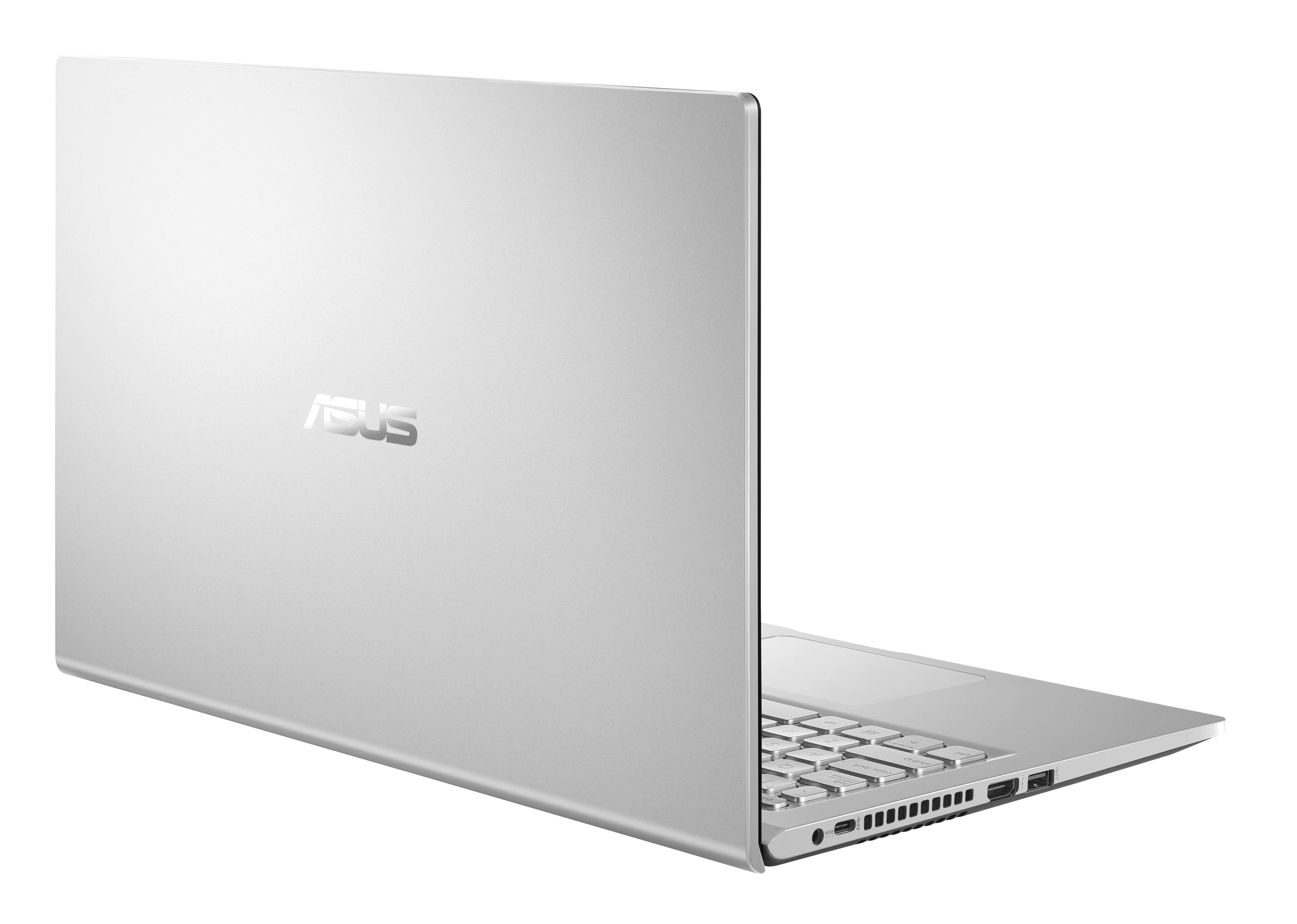 Laptop argentato, vista posteriore, con logo ASUS. Sfondo bianco.