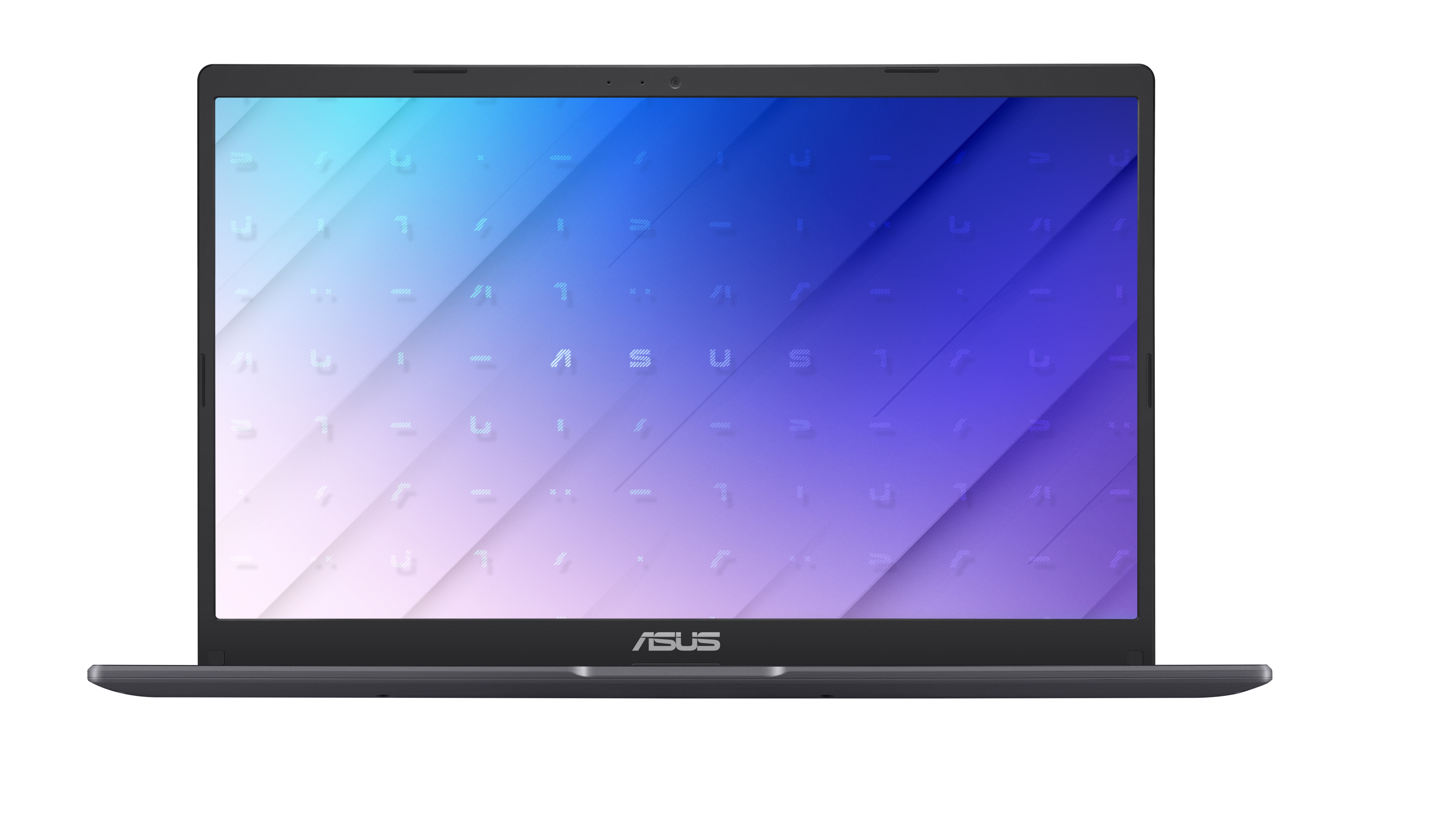 Un laptop nero con uno schermo che mostra un motivo astratto blu e viola.