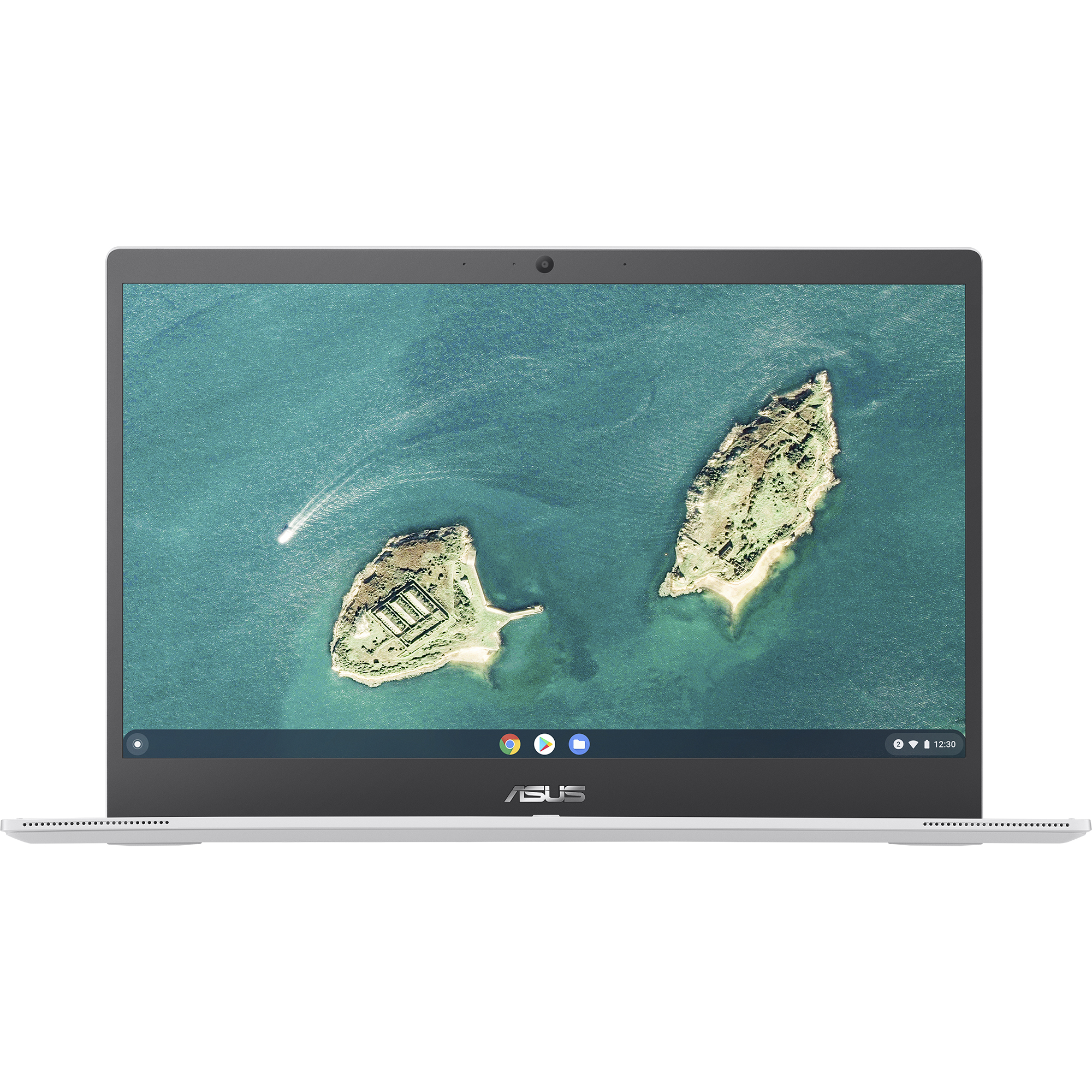 Ein Laptop mit einem Bildschirm, der Wasser und Land zeigt, und das ASUS-Logo unten.