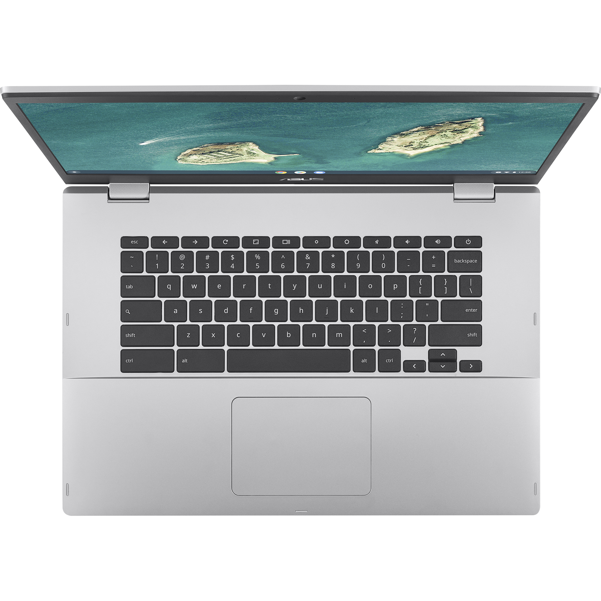 Silberner Laptop, geöffnet, Draufsicht. Tastatur sichtbar, Bildschirm zeigt abstraktes Bild, weißer Hintergrund.