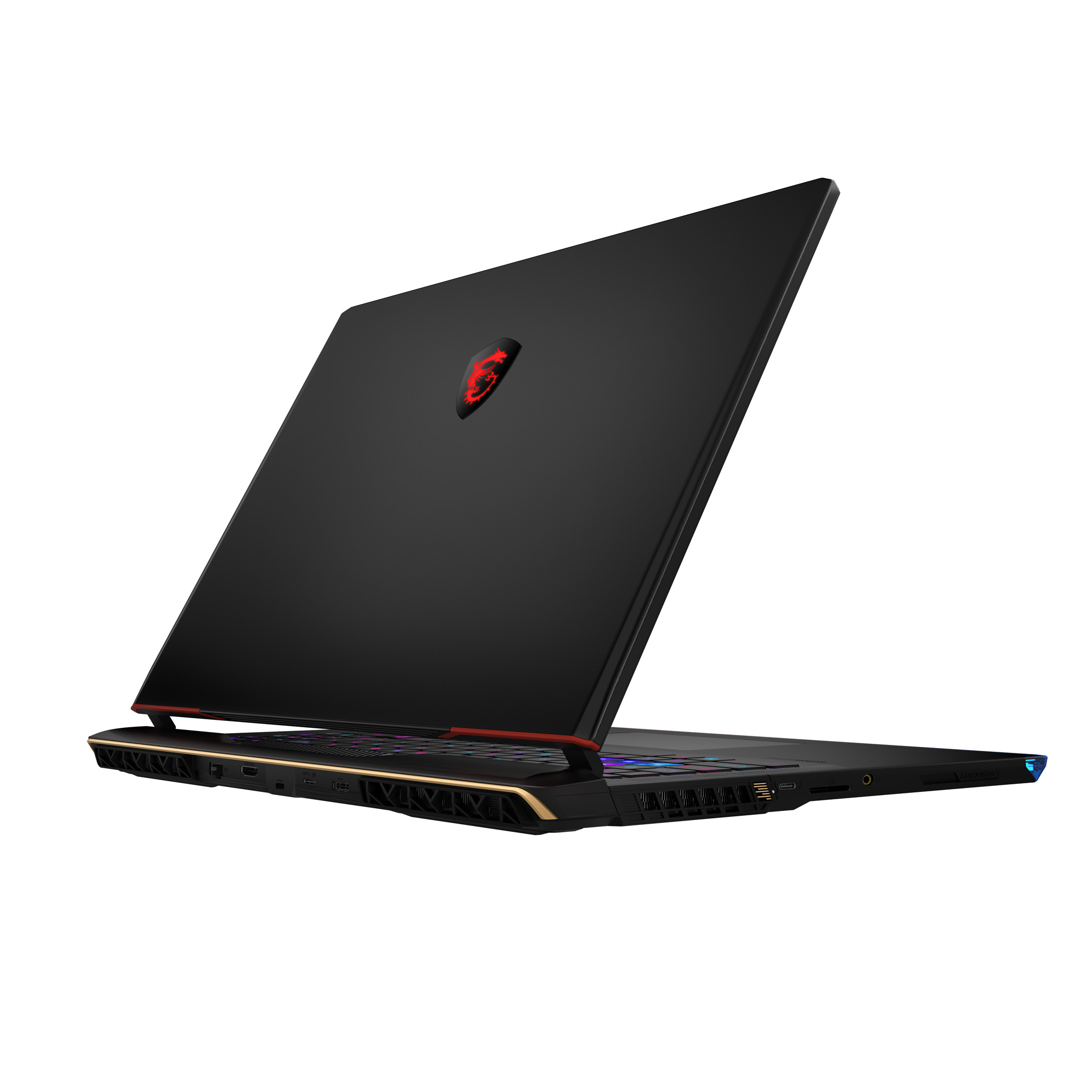 Czarny laptop MSI, otwarty, pod kątem. Czerwone logo i złote akcenty. Białe tło.