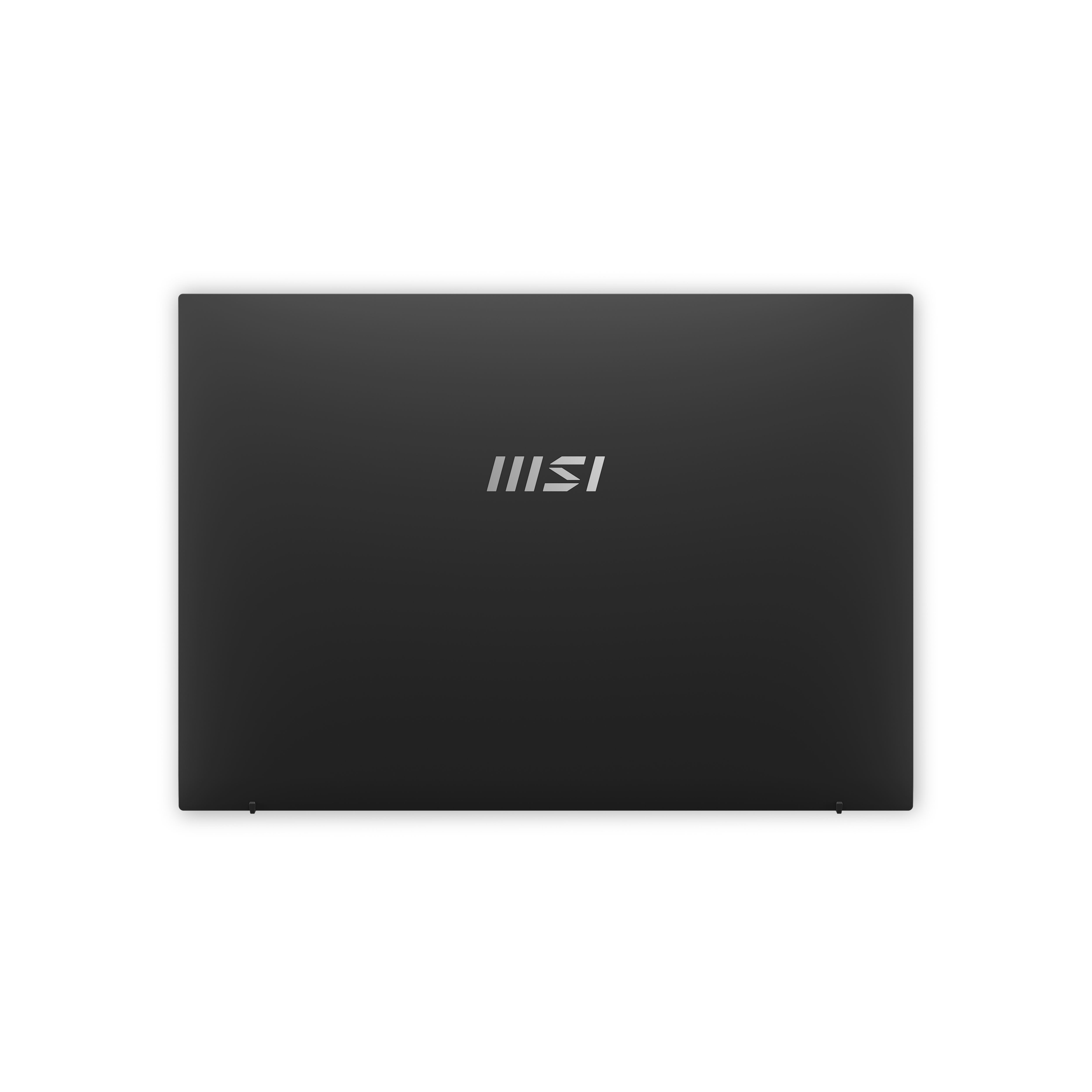 Laptop nero con logo MSI su sfondo bianco. Vista dall'alto.