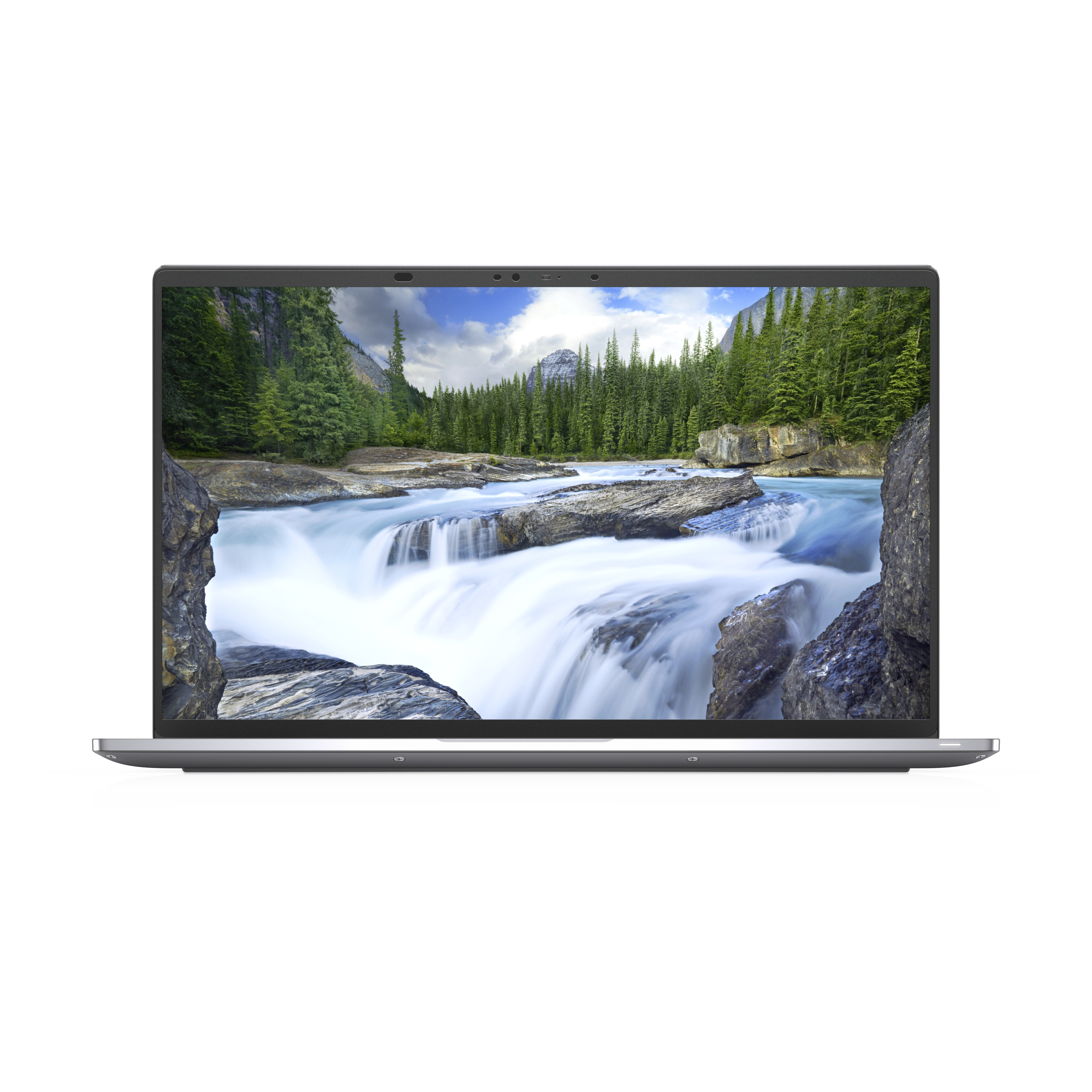Laptop che mostra una scena di cascata con acqua che scorre e alberi verdi, su sfondo bianco.