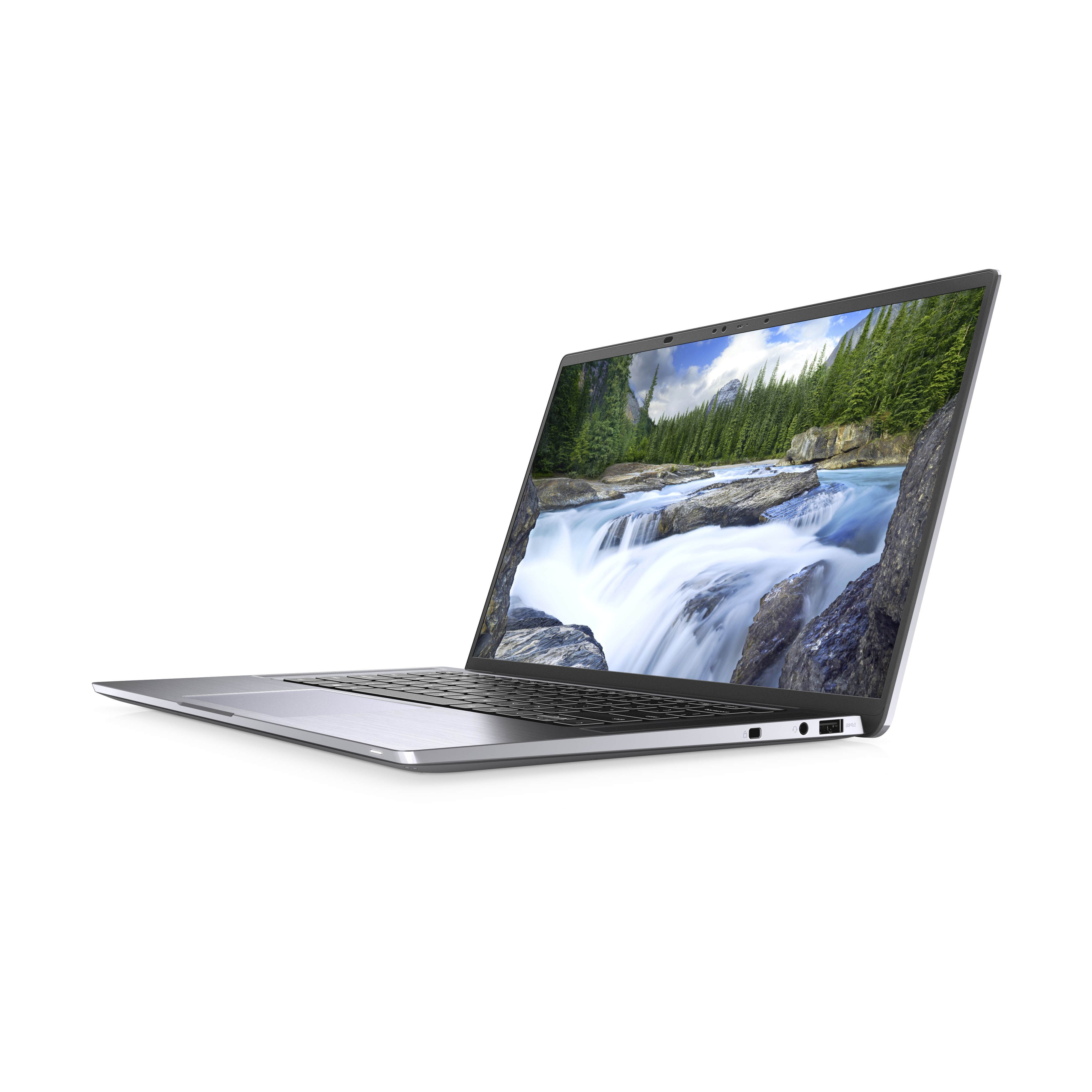 Laptop argento aperto, con scena di cascata sullo schermo, su sfondo bianco.