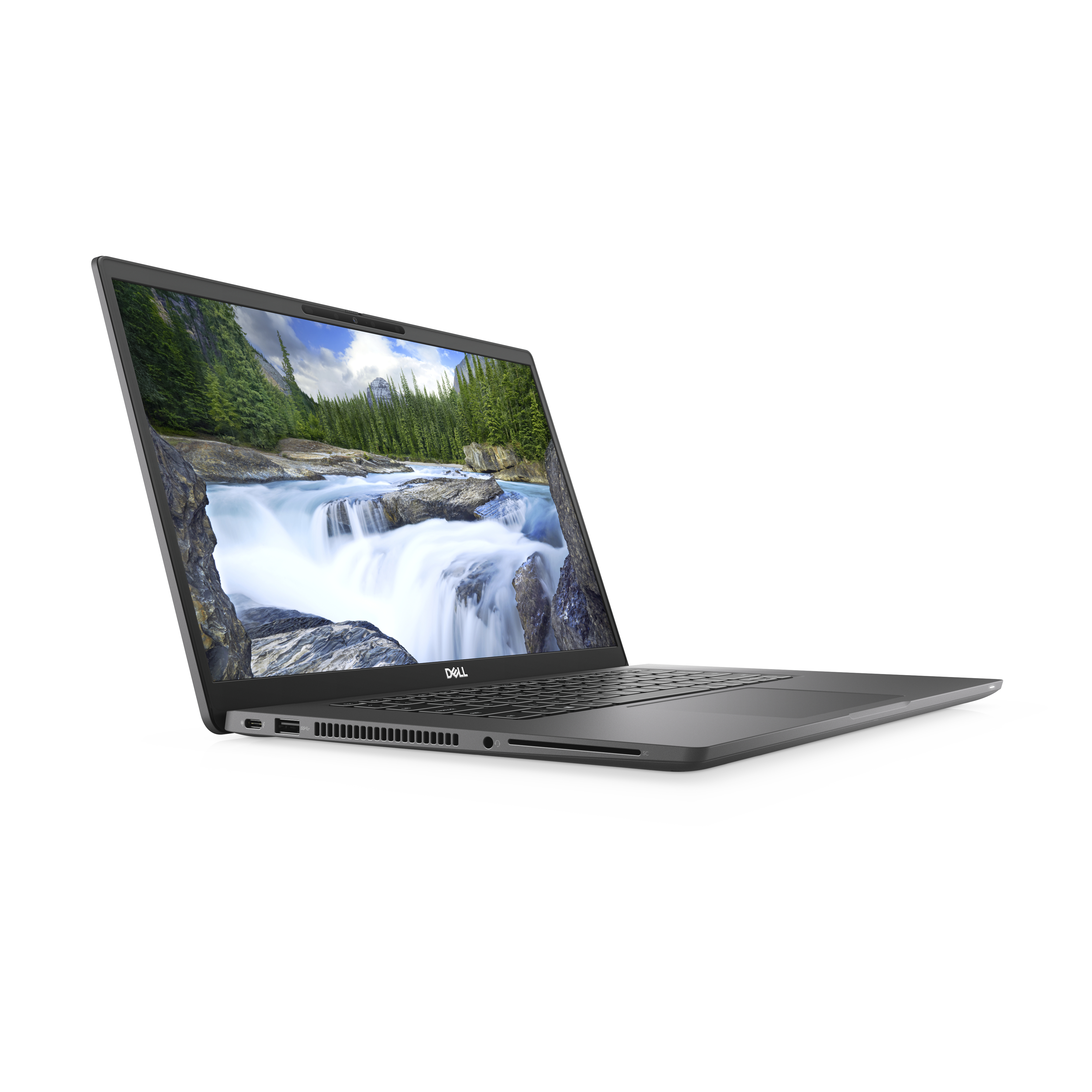 Grauer Laptop, angewinkelt. Bildschirm zeigt Wasserfallszene. Weißer Hintergrund.