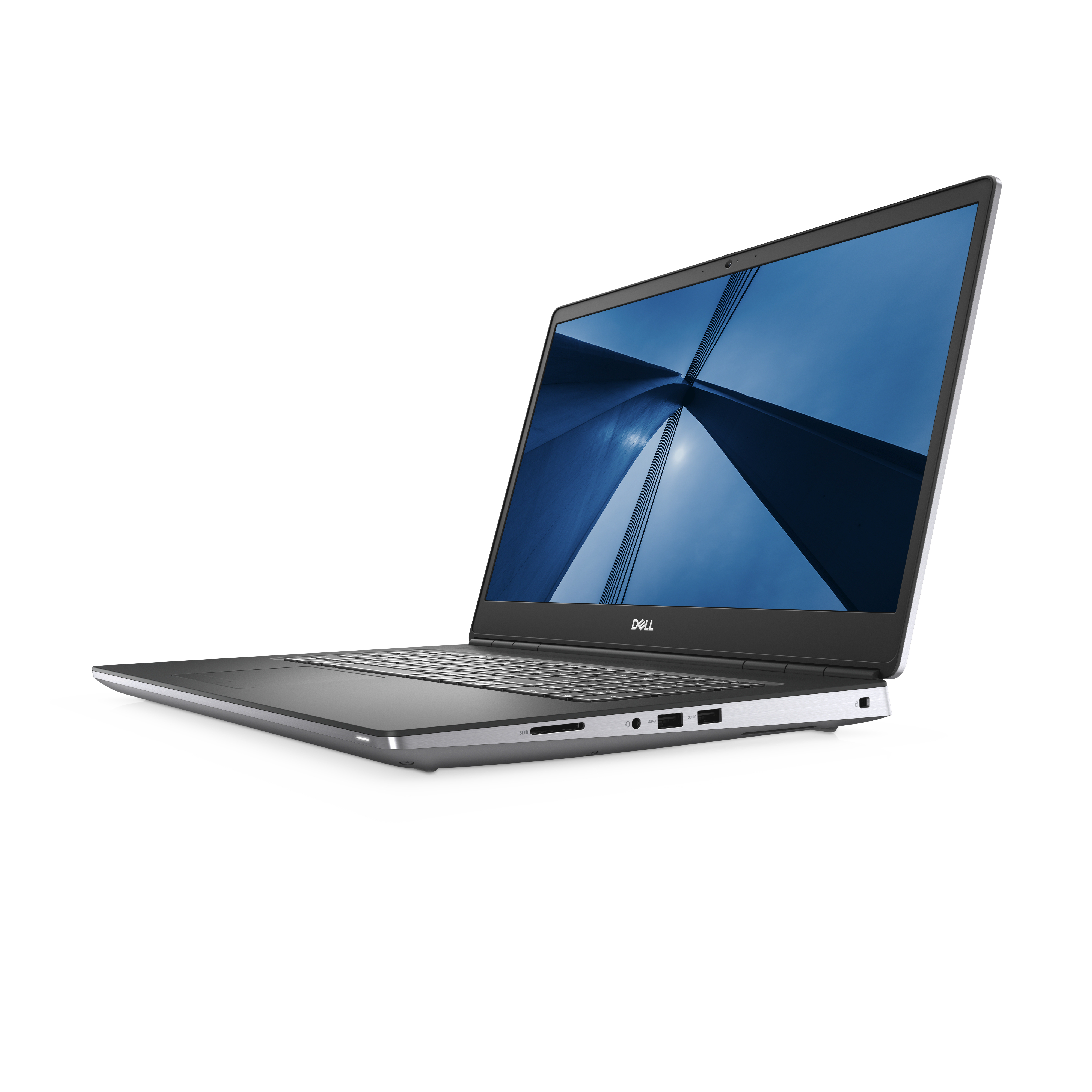 Dell-Laptop, schräge Ansicht, Bildschirm zeigt Gebäudeinnenraum, weißer Hintergrund.