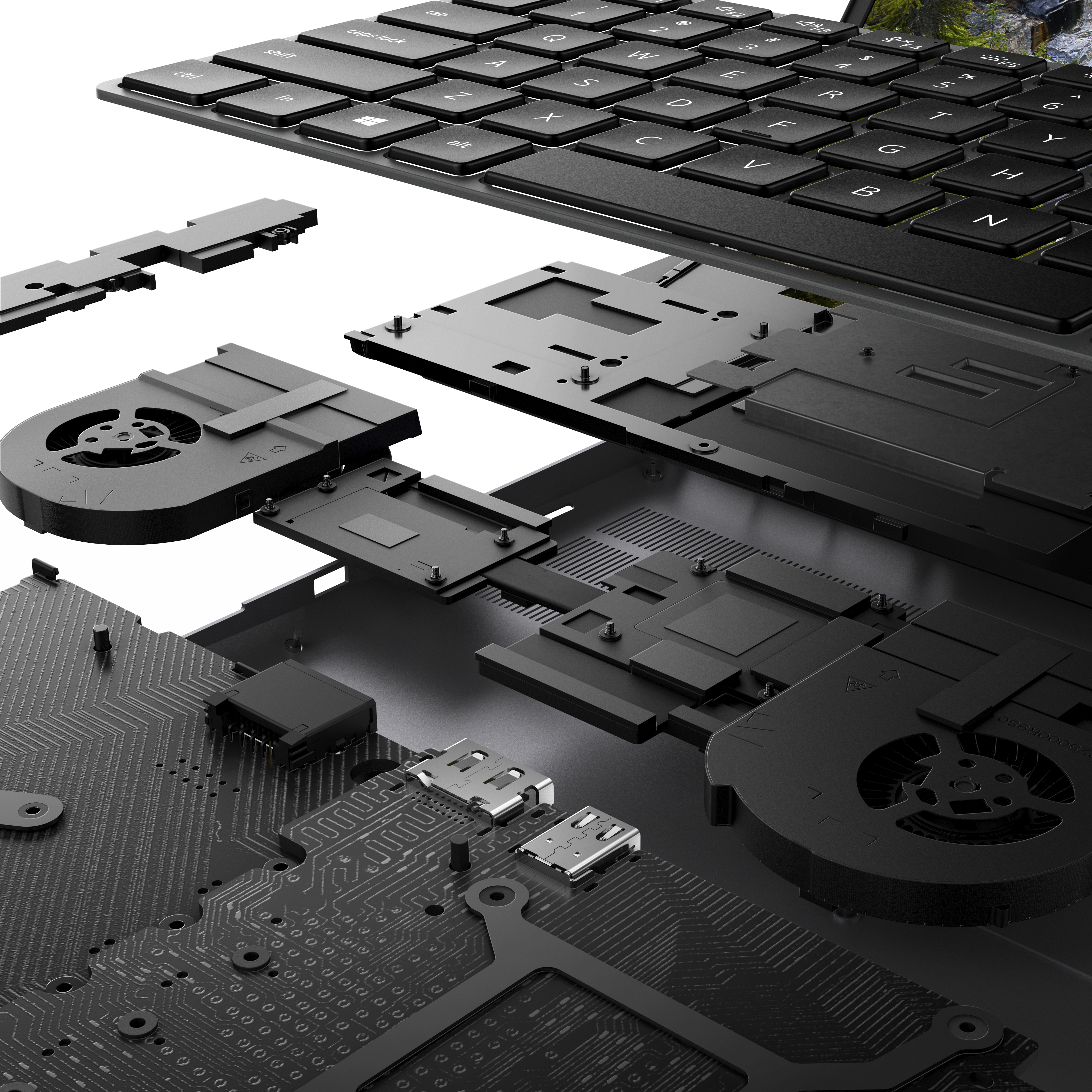 Explosionszeichnung eines Laptops, die interne Komponenten, Tastatur und Leiterplatte zeigt.