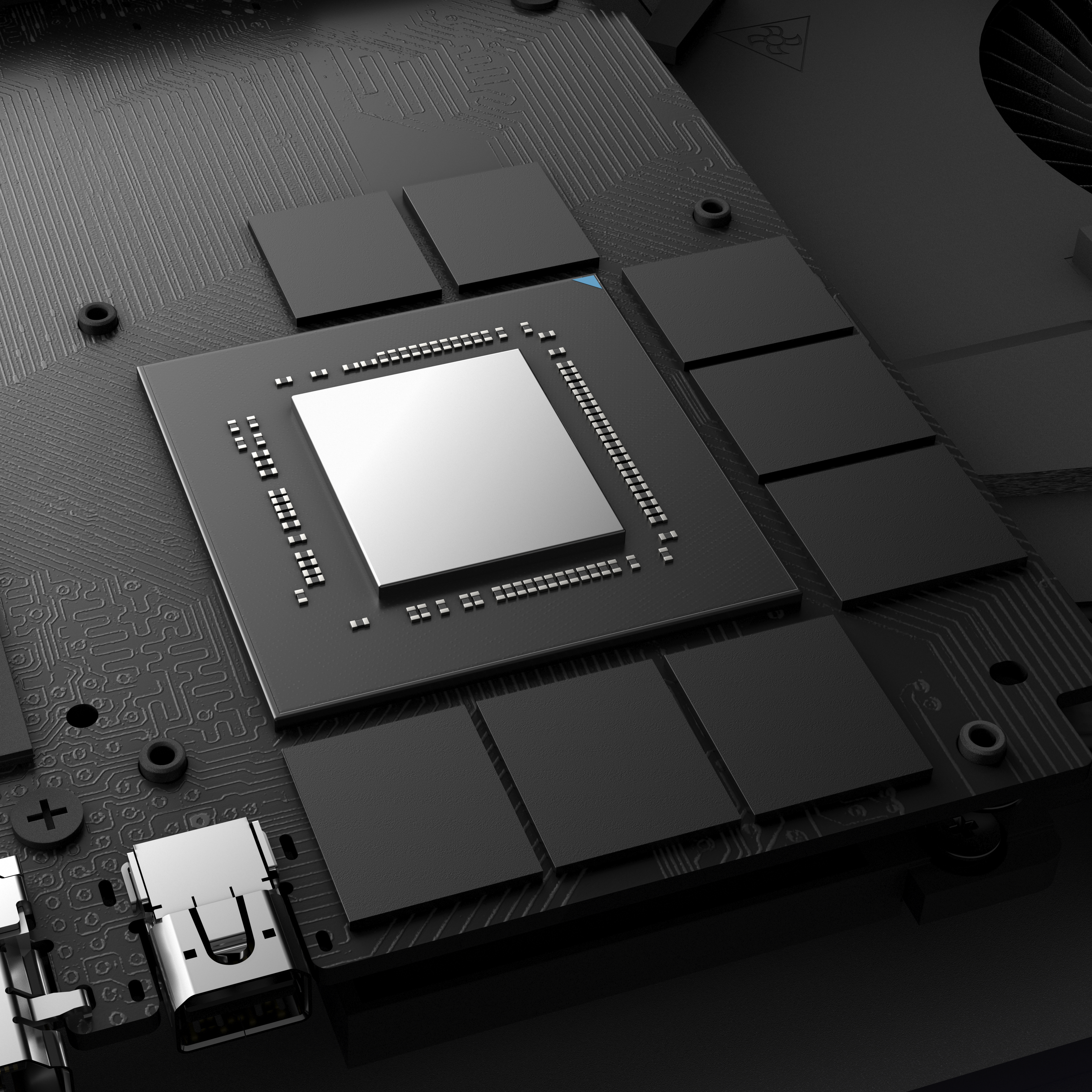 Nahaufnahme einer schwarzen Leiterplatte mit CPU und mehreren rechteckigen Chips.