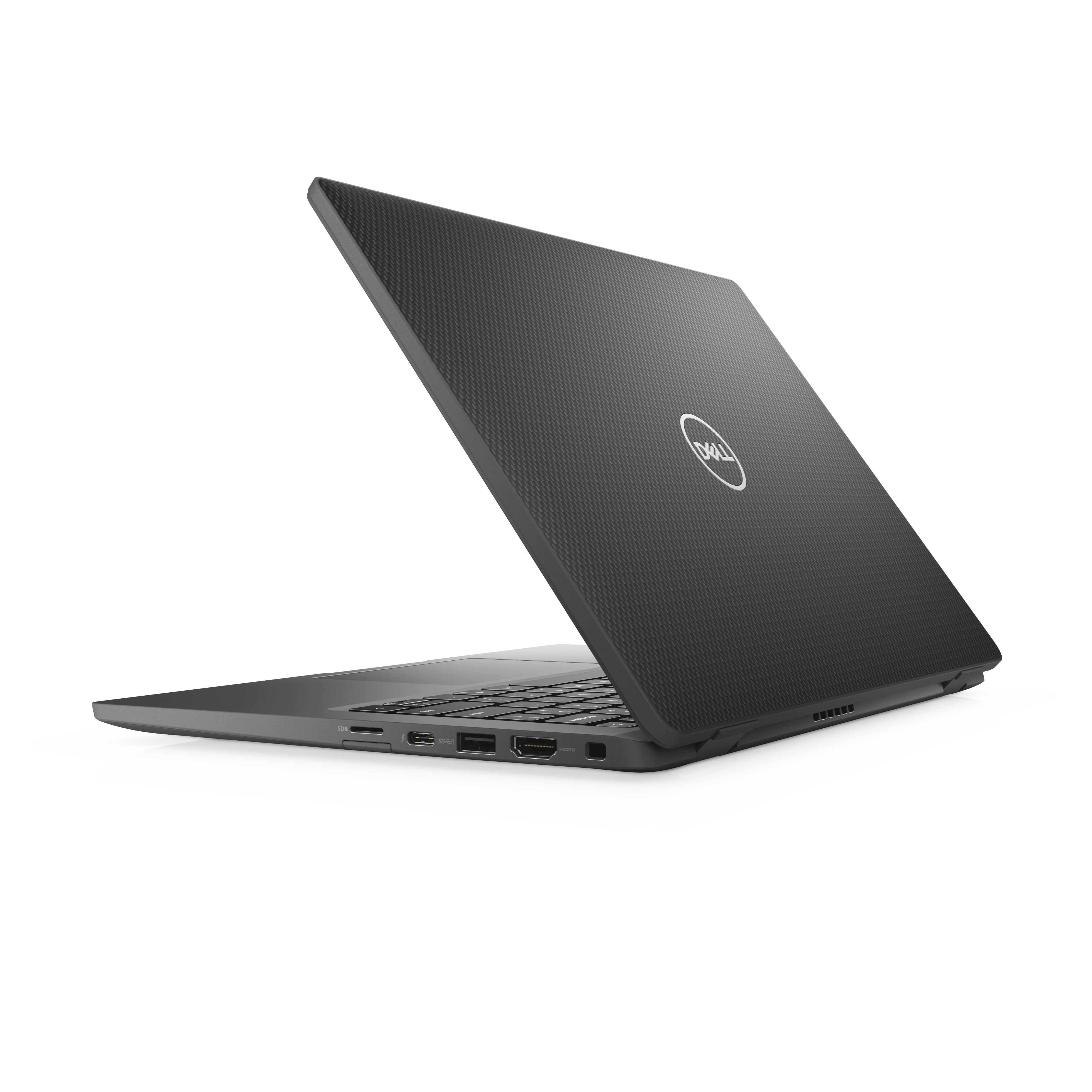 Schwarzer Laptop, Rückansicht, leicht geöffnet, mit dem Dell-Logo auf weißem Hintergrund.