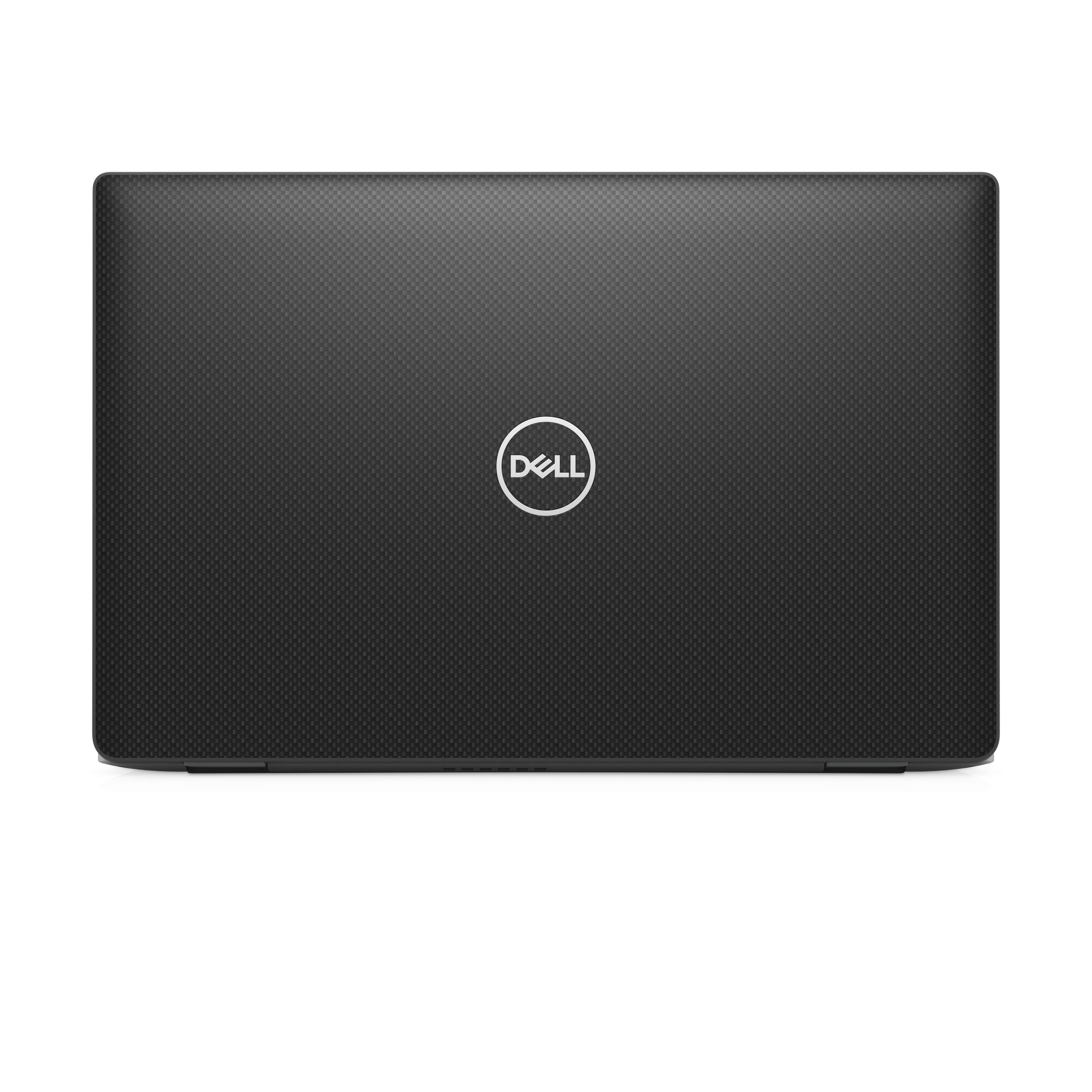 Geschlossener schwarzer Laptop, Dell-Logo auf dem Deckel. Weißer Hintergrund.