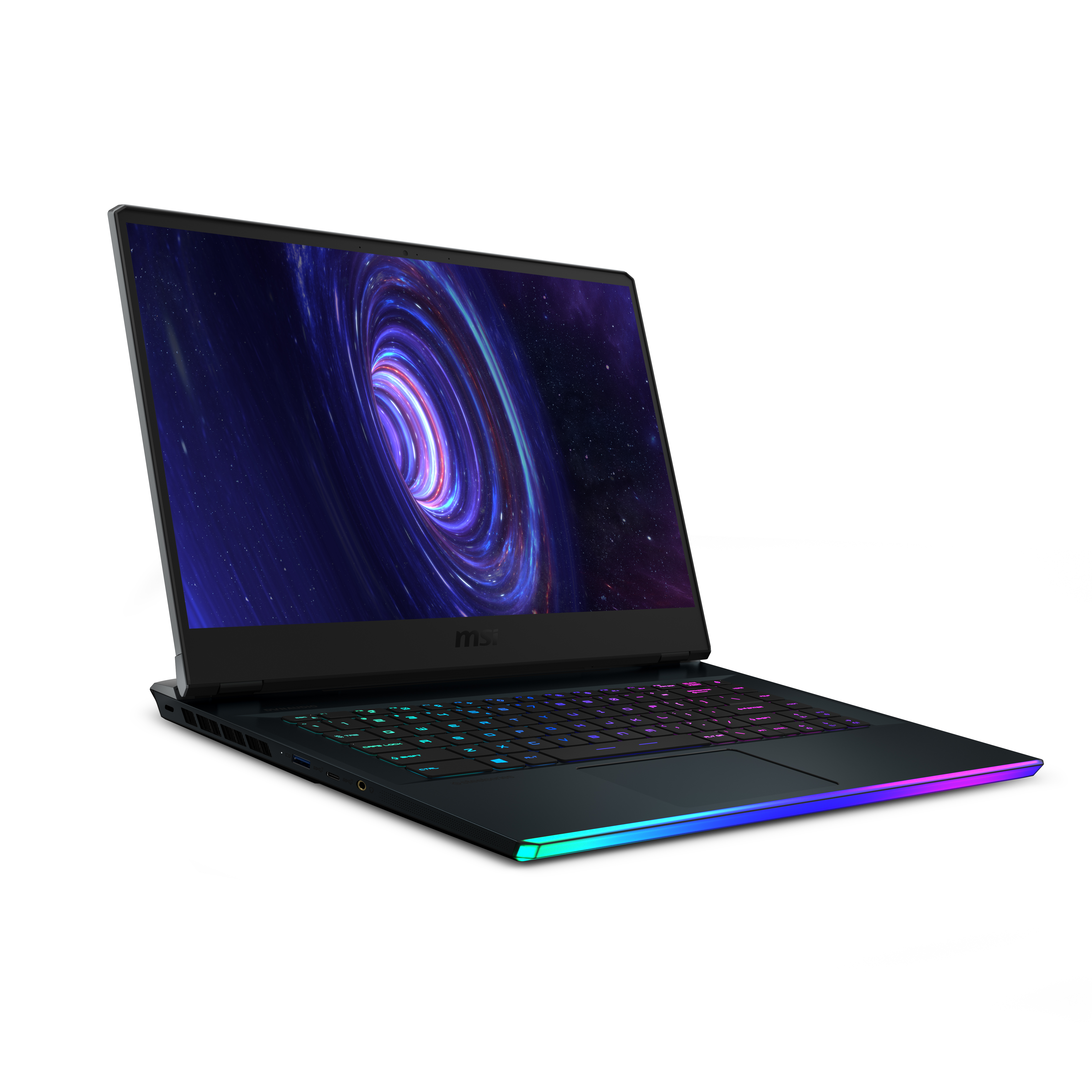 Laptop nero con coperchio aperto; schermo mostra design galassia. Tastiera con illuminazione bordo colorata.