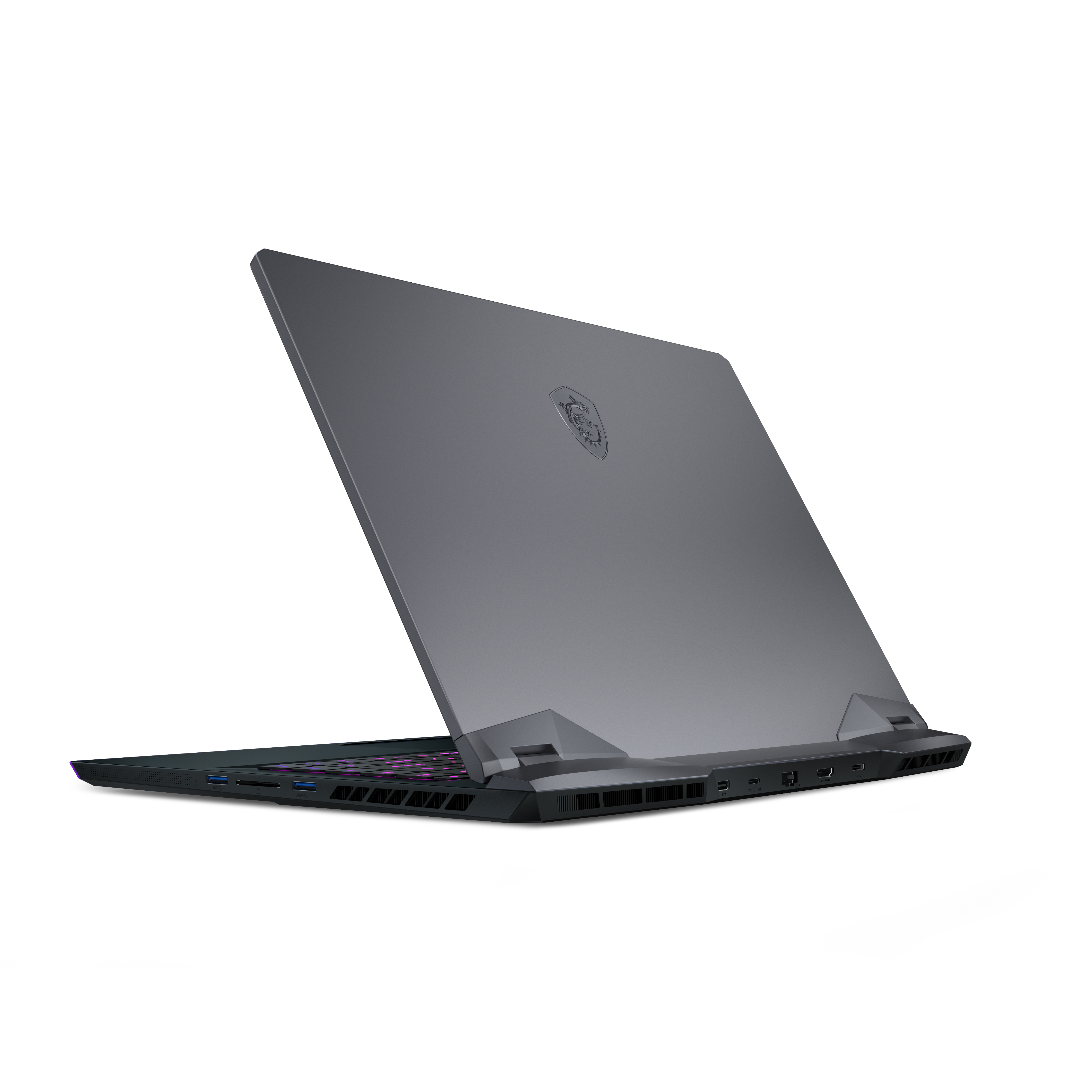 Laptop scuro, vista posteriore, aperto. Mostra le porte e il logo MSI. Sfondo bianco.