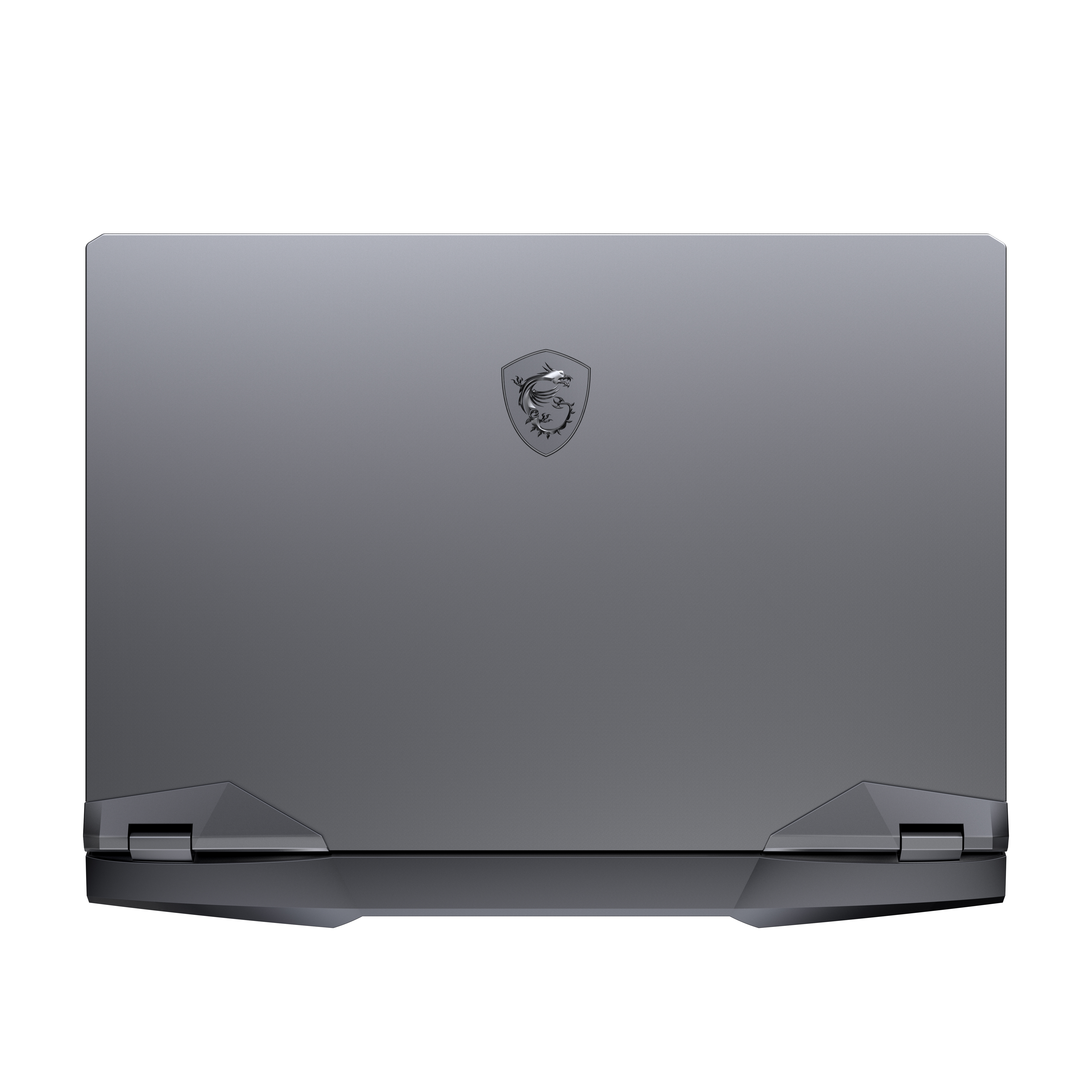 Retro del laptop grigio, con il logo MSI. Il laptop è chiuso, con un design semplice, sfondo bianco.