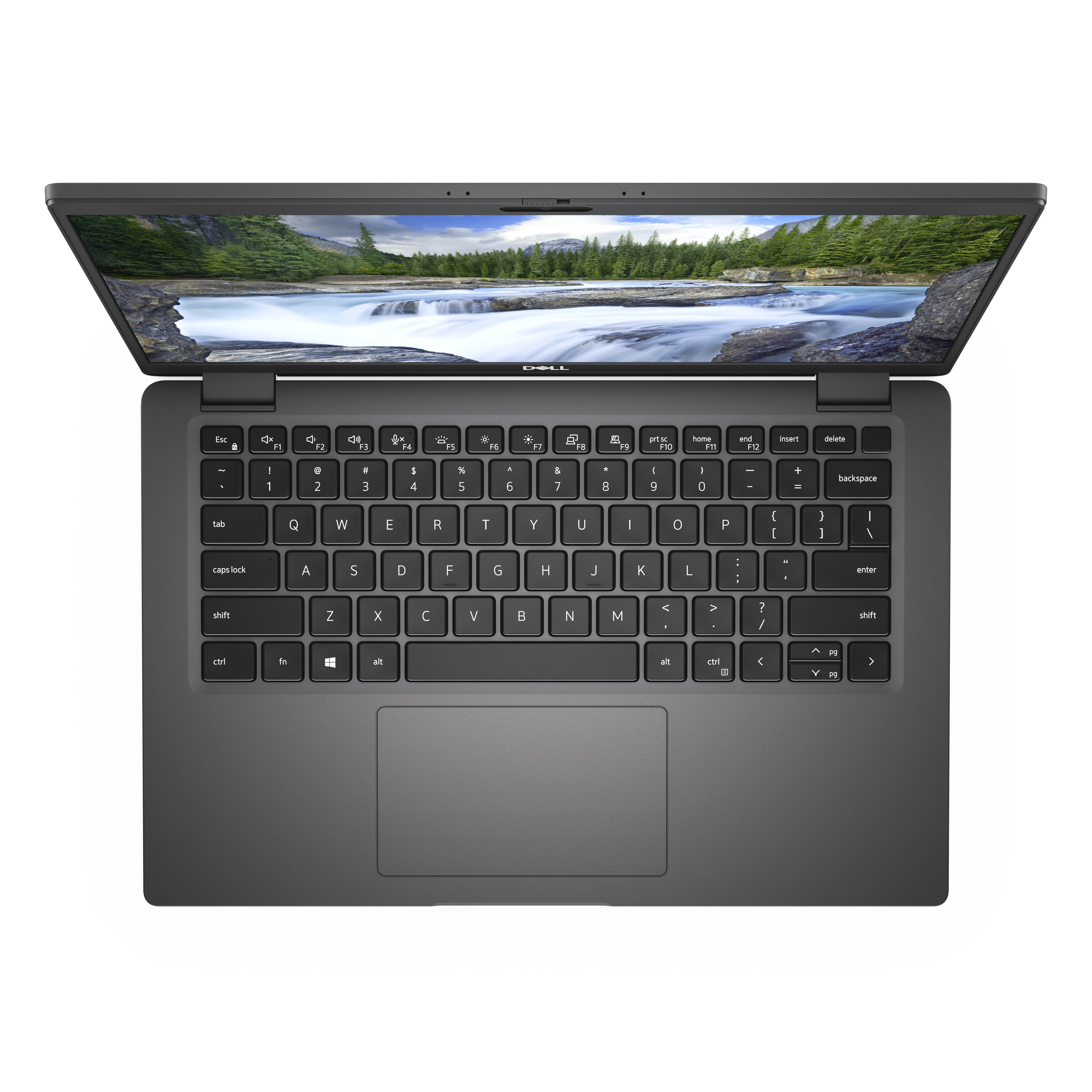 Open laptop with keyboard and screen showing a nature scene. The laptop is black.