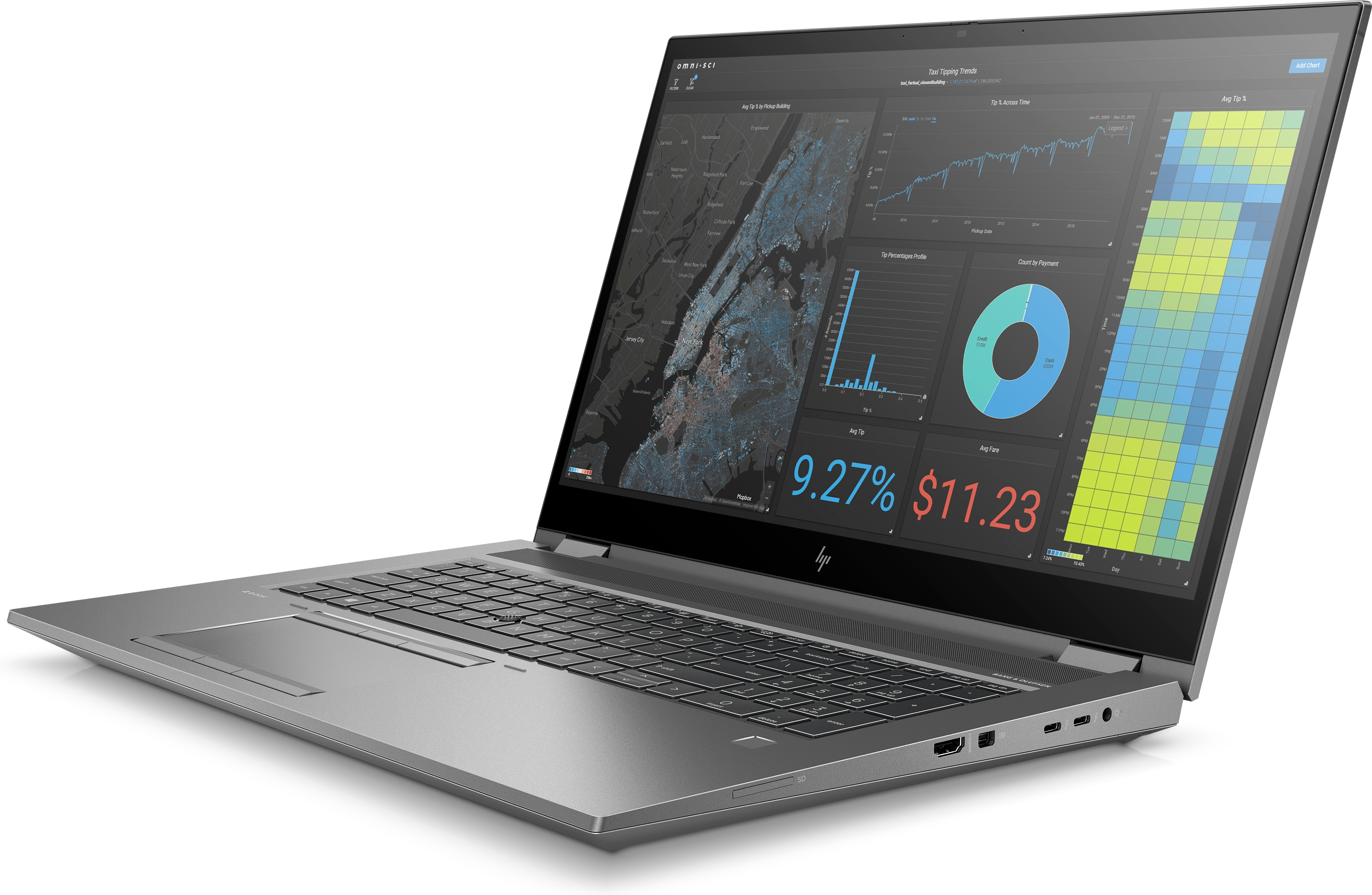 Schräge Ansicht eines grauen Laptops mit Diagrammen, Grafiken und Daten, vor weißem Hintergrund.