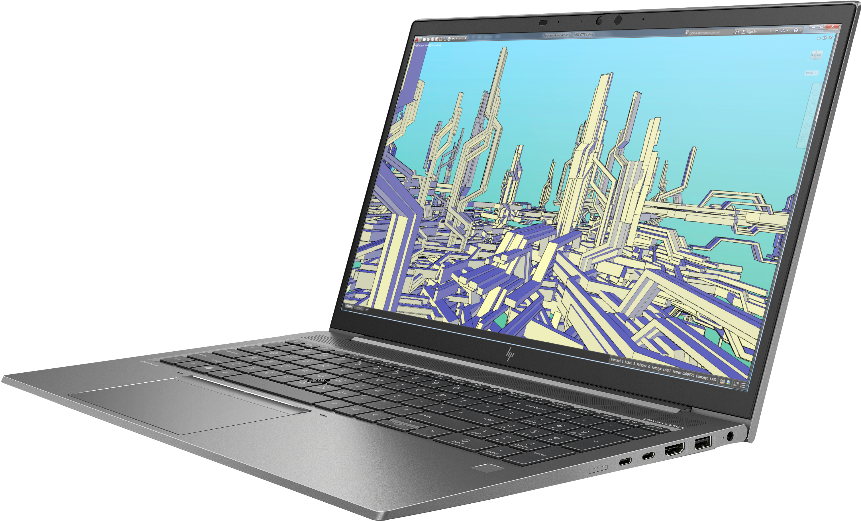 Ein grauer Laptop mit einem Bildschirm, der ein stadtähnliches Design zeigt, weißer Hintergrund.