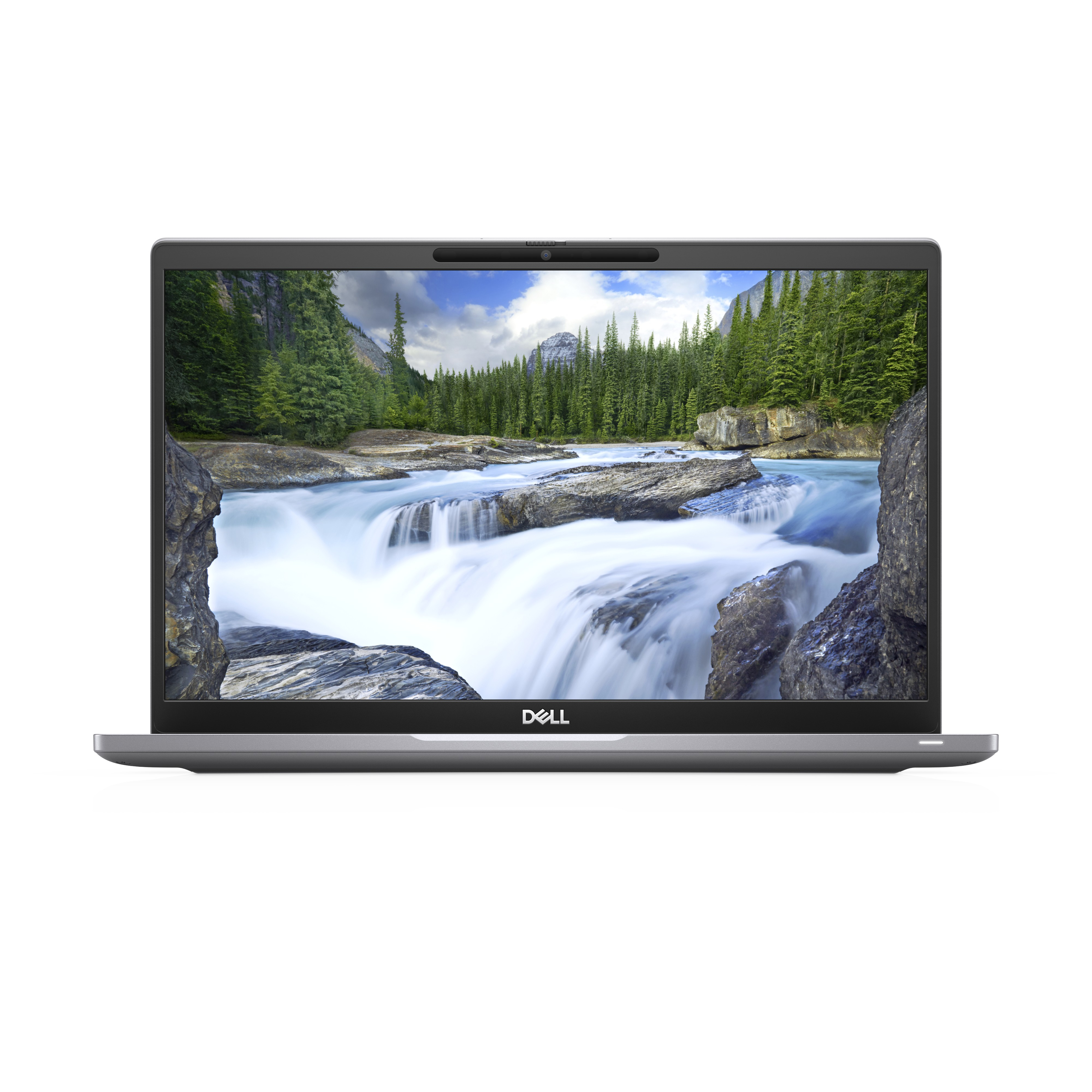 Laptop mit einem Bildschirm, der einen Wasserfall zeigt. Der Laptop ist silberfarben.