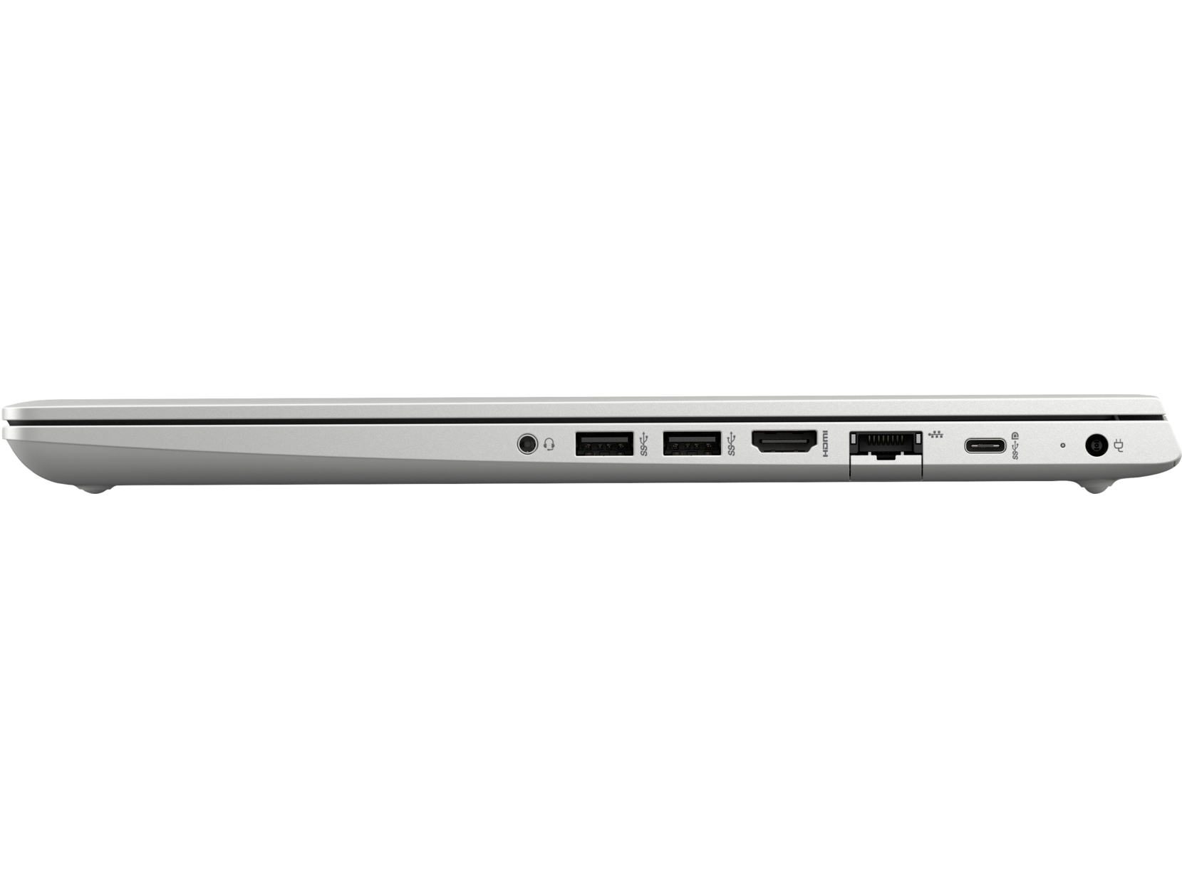 Laptop side view, showing ports. The color is silver, white background.