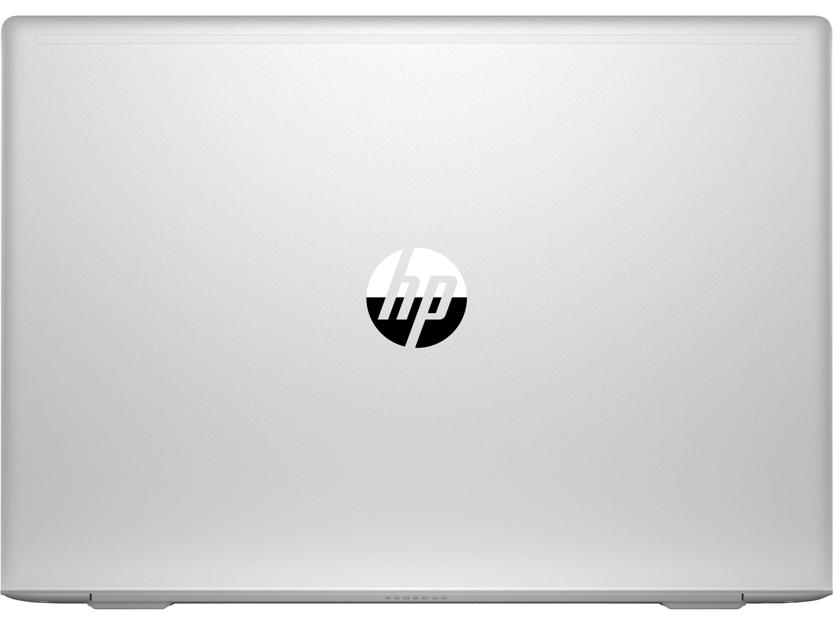 Back of a silver laptop with an HP logo, on a white surface. The laptop is closed.