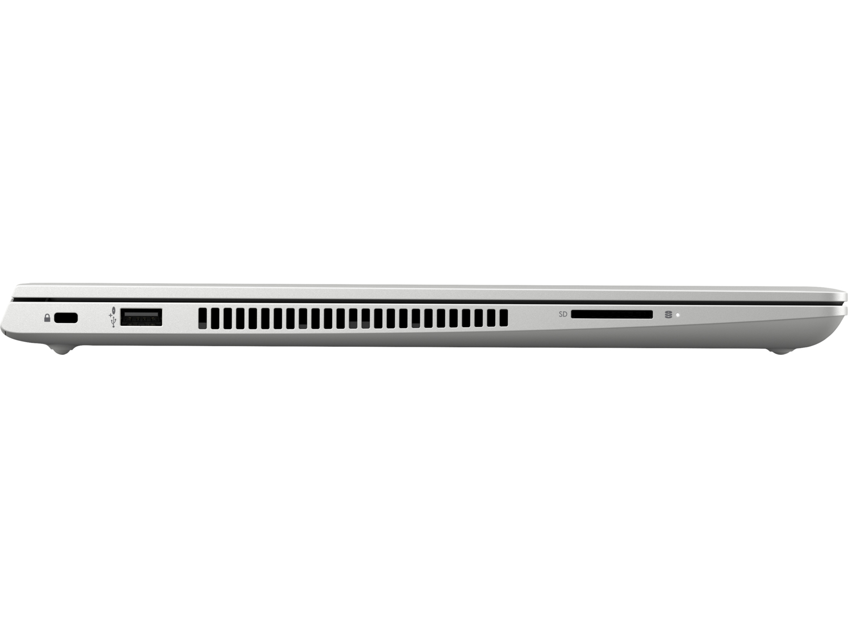 Side view of a silver laptop with ports and vents. White background.
