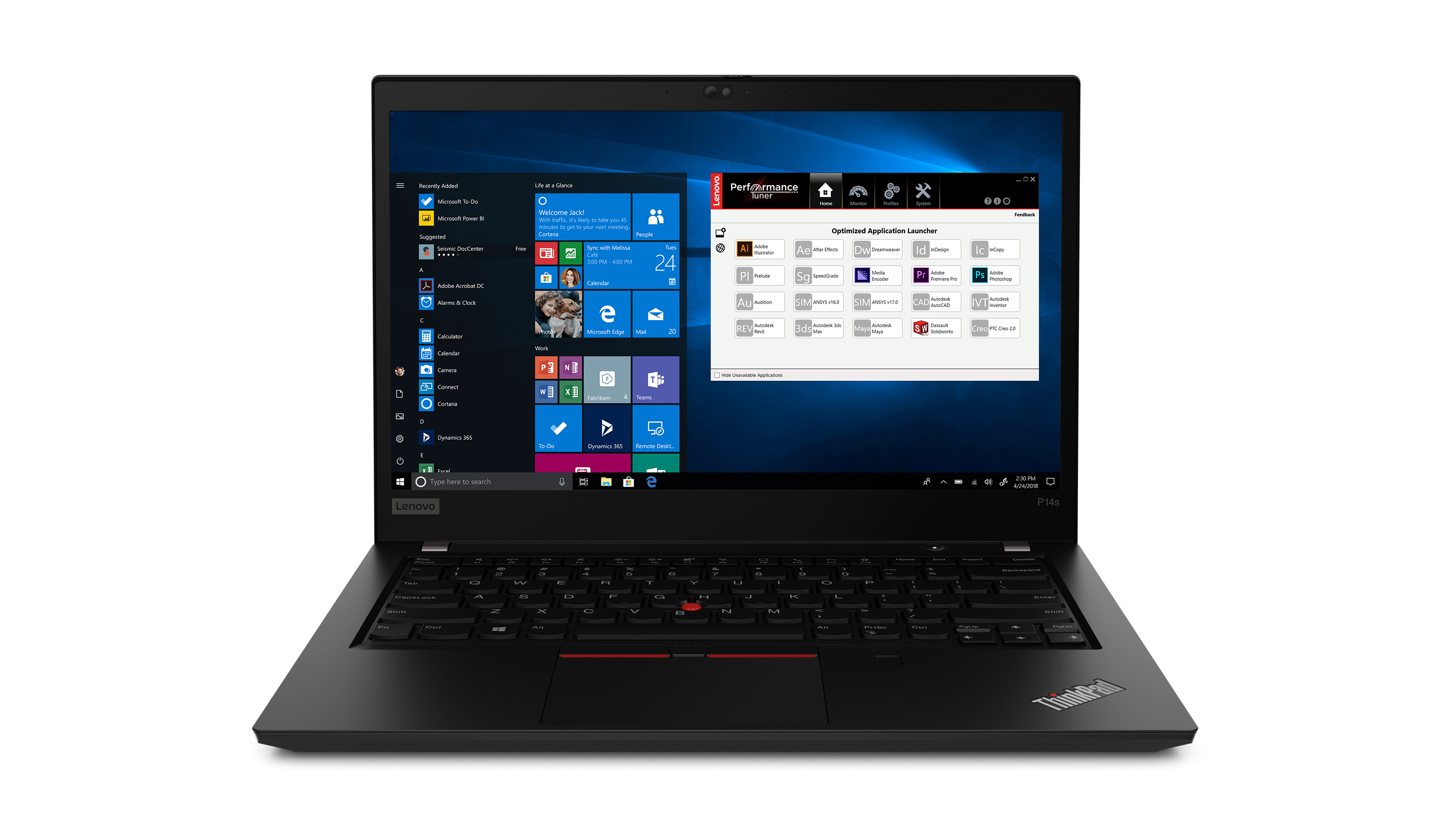 Laptop Lenovo nero aperto. Desktop Windows visualizzato. Tastiera sotto lo schermo.